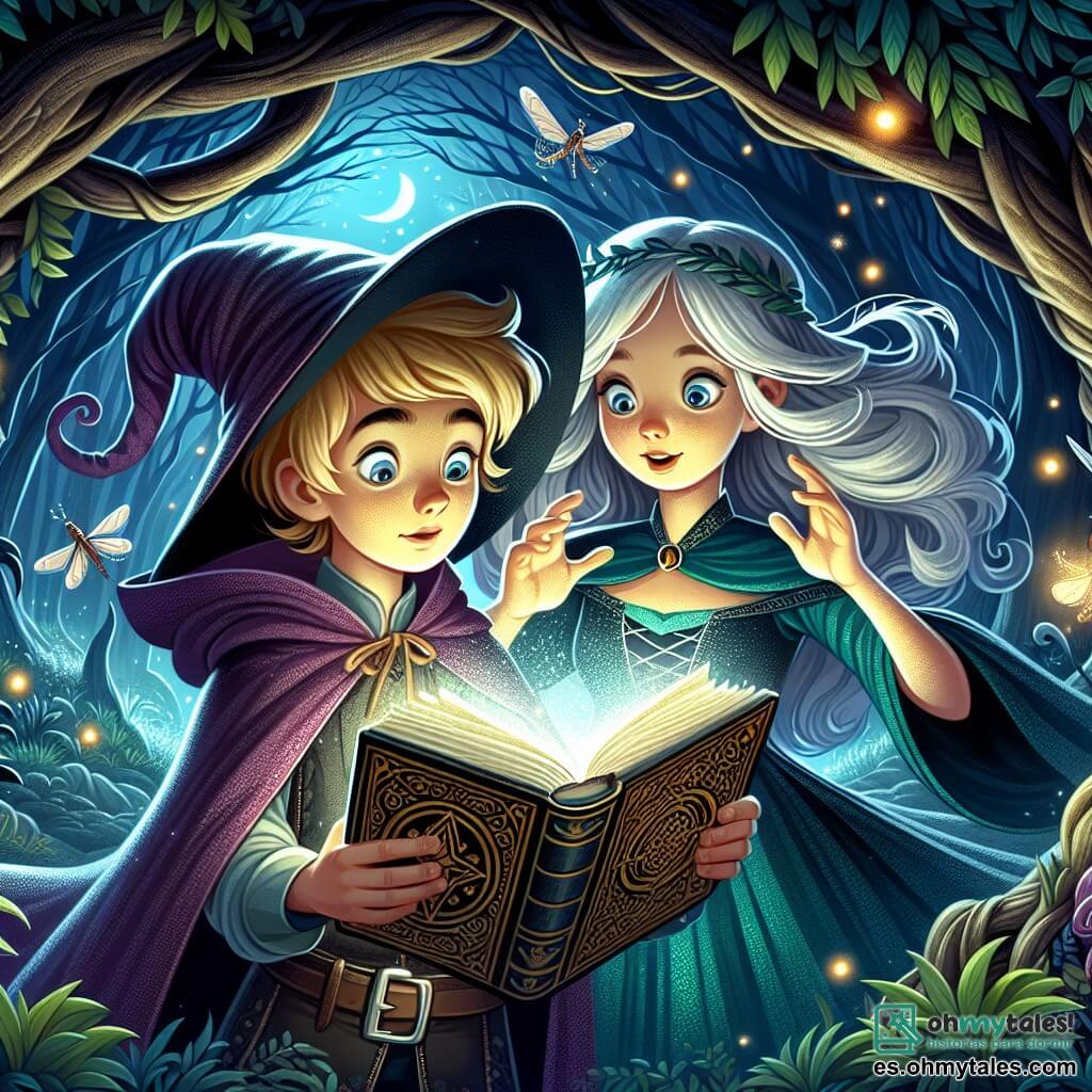 Une illustration destinée aux enfants représentant un jeune sorcier courageux découvrant un mystérieux livre de sorts, accompagné de sa fidèle amie sorcière aux cheveux argentés, dans une sombre et envoûtante forêt magique aux arbres tordus et aux lucioles lumineuses.