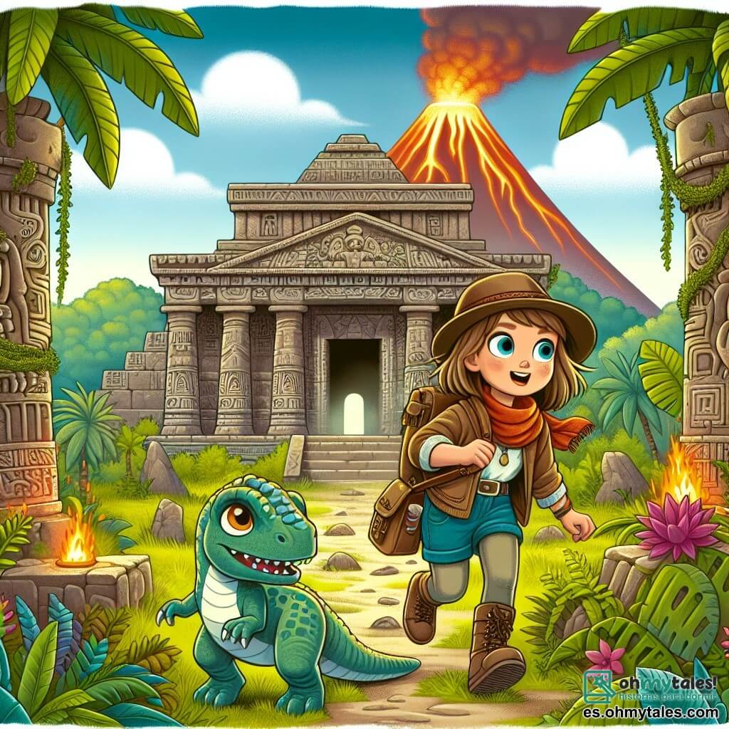 Une illustration destinée aux enfants représentant une jeune fille intrépide voyageant dans le temps, accompagnée d'un petit dinosaure curieux, explorant un mystérieux temple ancien entouré de végétation luxuriante et de volcans en éruption.