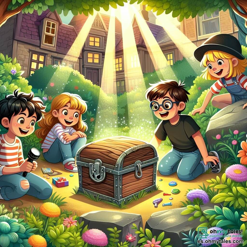 Ilustración que representa un jardín secreto escondido detrás de viejas casas. El jardín está lleno de flores coloridas, arbustos verdes y una gran piedra en el centro, sobre la cual hay una antigua caja de madera. En esta escena, un niño de siete años, con cabello castaño y rizado, está sentado en el suelo, con los ojos brillantes de emoción, abriendo la caja. A su lado, una niña de siete años, con gafas y cabello largo y rubio, observa con asombro. Otro niño, de ocho años, con cabello negro y una gorra, está hurgando en el suelo con las manos, mientras que otro niño, de siete años, con cabello rojo y una gran sonrisa, sostiene una linterna que ilumina la escena. La situación principal muestra a los cuatro amigos descubriendo un tesoro escondido, rodeados de una atmósfera de aventura y misterio. Rayos de sol filtran a través de las hojas, creando sombras danzantes en el suelo. Juguetes coloridos, libros y caramelos están esparcidos a su alrededor, simbolizando la alegría de su descubrimiento.