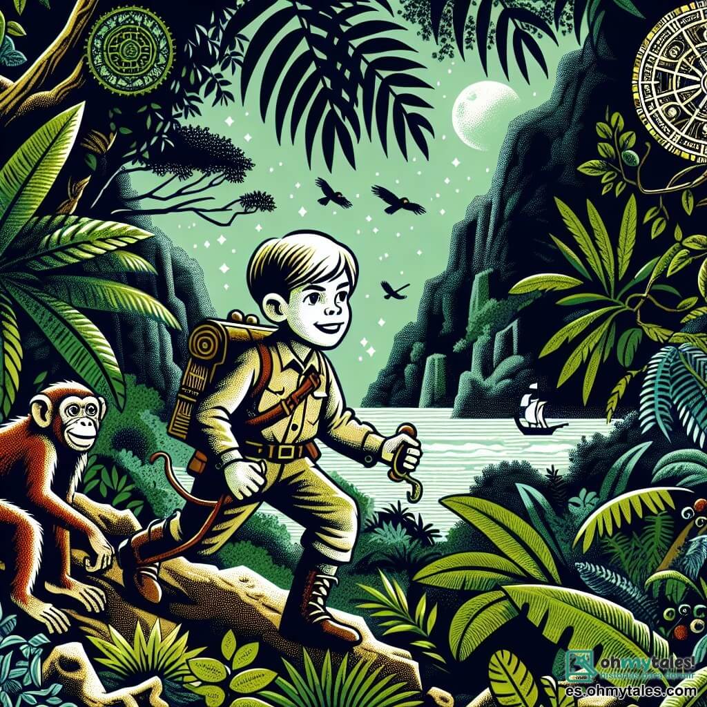Une illustration destinée aux enfants représentant une jeune exploratrice intrépide, accompagnée de son fidèle singe malicieux, se lançant dans une aventure périlleuse à travers une luxuriante et mystérieuse selva amazonienne.