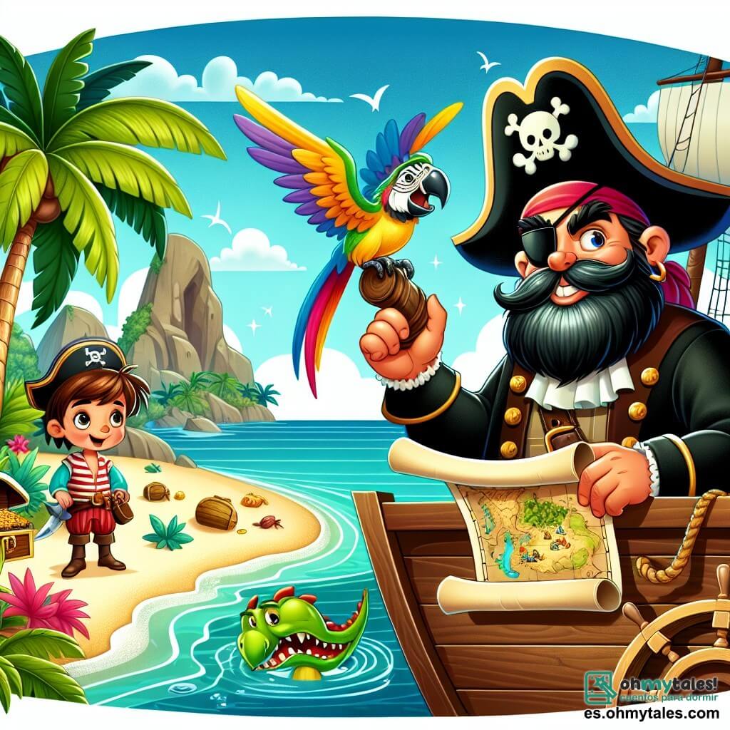 Une illustration sous forme de dessin destinée aux enfants représentant une île tropicale ensoleillée avec des palmiers et une plage de sable blanc, où un homme au regard déterminé, avec une grande barbe noire et un chapeau de pirate, se tient sur le pont d'un bateau pirate en bois, tenant une carte au trésor, tandis qu'un perroquet coloré, volant autour de lui, et une jeune femme aux cheveux longs et bruns, portant un uniforme de pirate, l'observent avec enthousiasme, alors qu'ils se préparent à explorer la caverne d'un dragon endormi pour y découvrir un trésor caché.