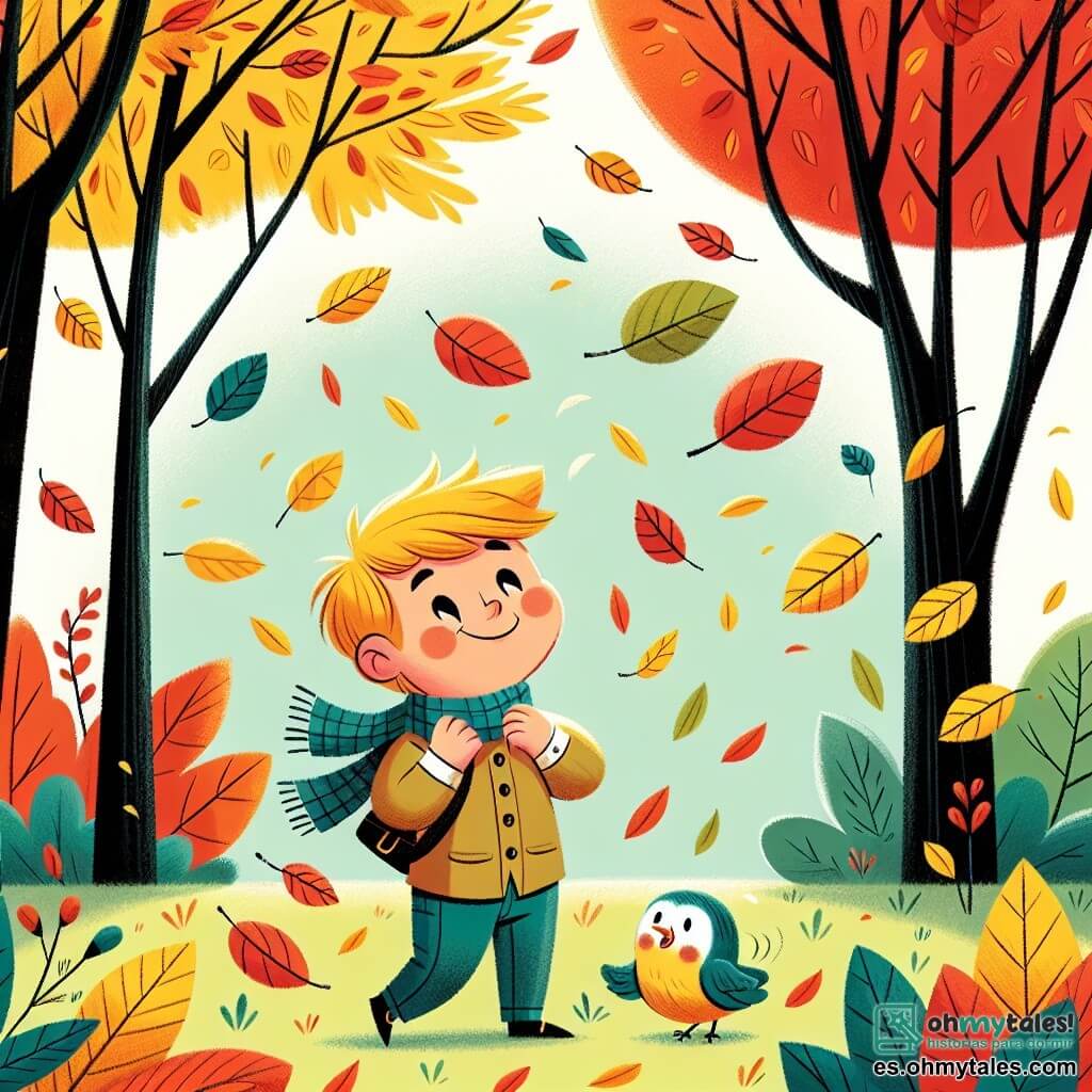 Une illustration destinée aux enfants représentant un garçon émerveillé par les trésors de l'automne, accompagné d'un joyeux petit oiseau, dans un parc aux arbres aux feuilles rouge, jaune et orange dansant avec le vent.