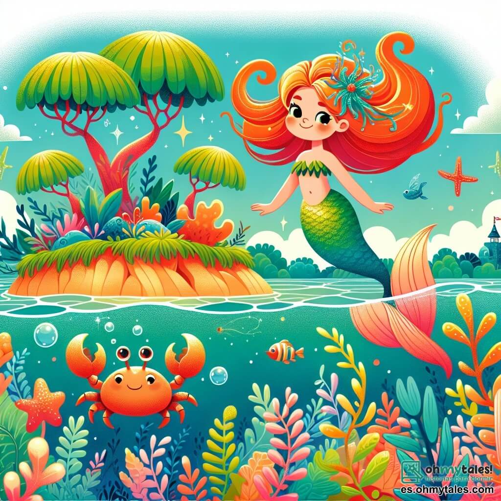 Une illustration destinée aux enfants représentant une charmante sirène aux cheveux flamboyants, accompagnée d'un crabe farceur, explorant une île flottante aux arbres géants et aux plantes exotiques dans un océan chatoyant et coloré.