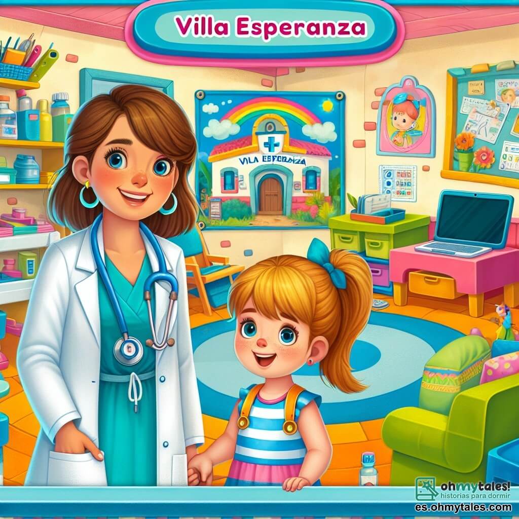 Une illustration destinée aux enfants représentant une femme médecin souriante, un enfant curieux et une clinique colorée de Villa Esperanza où se déroule une journée pleine d'aventures et d'apprentissages.
