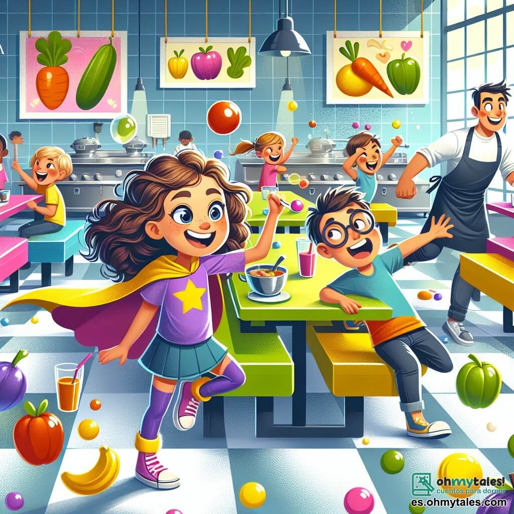 Ilustración que representa una cafetería colorida y animada, con mesas de plástico multicolores, carteles de frutas y verduras en las paredes, y niños riendo y jugando alrededor. En el centro de la imagen, una niña de cabello rizado y castaño, vestida con un traje de superheroína morado y amarillo, lanza una pelota de goma con una gran sonrisa decidida. A su lado, un niño de unos 10 años, con gafas y una capa brillante, observa con admiración, mientras que otro grupo de niños, de 8 a 12 años, se aleja riendo, sorprendidos por la escena. Al fondo, un hombre con delantal, con una gran cuchara y un sombrero de chef, está perdiendo el equilibrio, rodeado de burbujas de sopa que flotan en el aire. La atmósfera es alegre y dinámica, con destellos de colores vivos y un ambiente lúdico.