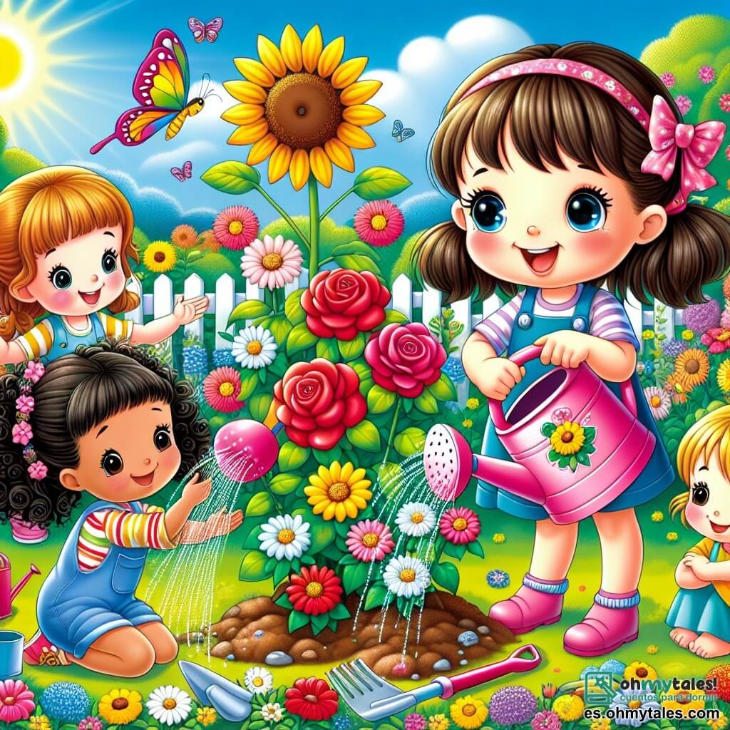 Ilustración que representa un jardín colorido y mágico, lleno de flores brillantes en colores vivos: rosas rojas, girasoles amarillos y margaritas blancas. En el centro, un pequeño grupo de cuatro niñas, todas de unos cinco años. Una de ellas, con cabello castaño y trenzas, sonríe alegremente sosteniendo un regadera rosa. Otra, con cabello rubio y rizado, observa atentamente una flor, con los ojos muy abiertos de asombro. La tercera, con cabello castaño y una trenza, señala una mariposa que vuela alrededor de ellas. Finalmente, la última, con cabello negro y una pequeña coleta, se agacha para plantar una semilla en la tierra. La escena muestra a las niñas cuidando el jardín, regando las flores y plantando semillas, con mariposas revoloteando a su alrededor. Al fondo, el cielo es de un azul brillante y el sol brilla, iluminando el jardín. Herramientas de jardinería coloridas, como palas y rastrillos, están esparcidas a su alrededor, añadiendo un toque lúdico a la ilustración. La atmósfera es alegre y llena de vida, simbolizando la importancia de cuidar la naturaleza y luchar contra el cambio climático.