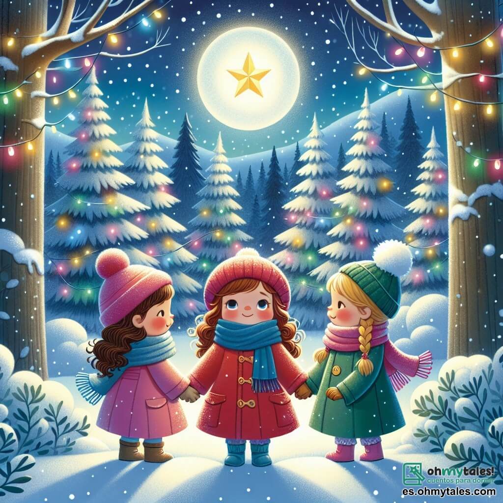 Ilustración que representa un claro de luna en un bosque nevado, donde los copos de nieve caen suavemente al suelo. En el centro, tres niñas de aproximadamente 8 años se toman de la mano. La primera niña, con cabello castaño y rizado, lleva un abrigo rojo brillante y un gorro a juego. La segunda niña, con cabello rubio y liso, viste una bufanda azul y un abrigo rosa. La tercera niña, con cabello castaño y trenzado, lleva un abrigo verde y guantes blancos. Miran maravilladas una estrella dorada que brilla sobre ellas, iluminando sus rostros alegres. En el fondo, majestuosos abetos están cubiertos de nieve brillante, y luces de colores parpadean en las ramas. La atmósfera es mágica y festiva, evocando el espíritu navideño y la amistad.