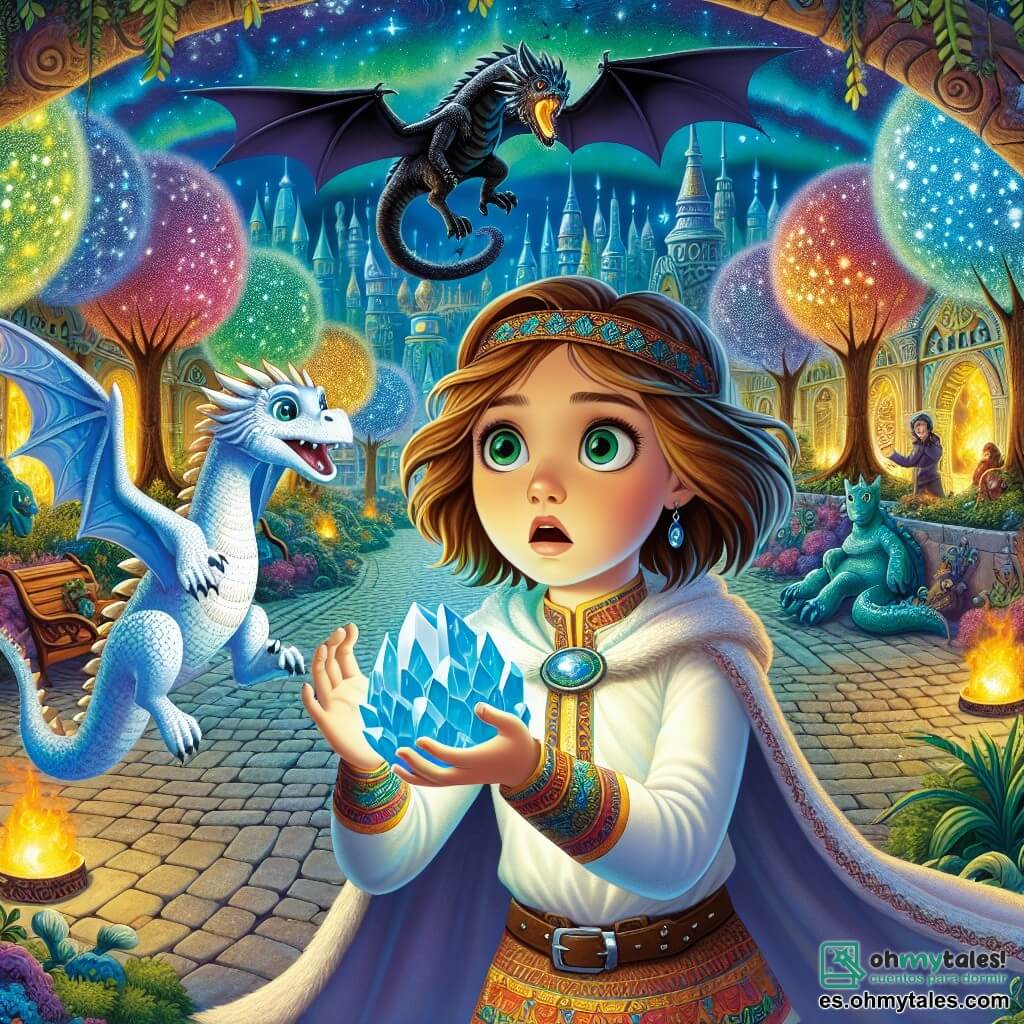 Une illustration sous forme de dessin destinée aux enfants représentant un parc central vibrant de Neotropolis, où une fille de 11 ans aux cheveux châtain clair et aux yeux verts, vêtue d'une tunique colorée, tient un cristal bleu brillant dans ses mains, entourée d'un dragon miniature aux écailles iridescentes qui vole autour d'elle, alors qu'ils se préparent à affronter une ombre menaçante qui plane au-dessus d'eux, symbolisant le danger qui pèse sur leur ville magique, avec des arbres luminescents et des créatures fantastiques en arrière-plan, créant une atmosphère d'aventure et de mystère.