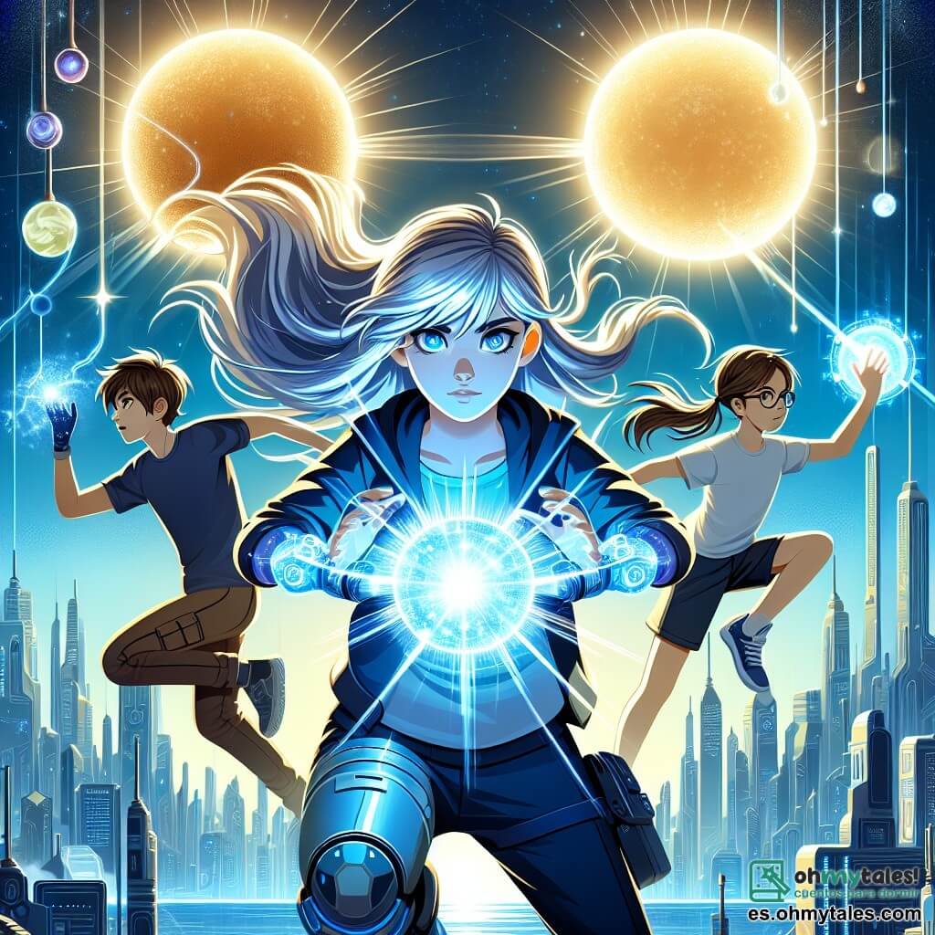 Une illustration sous forme de dessin destinée aux enfants représentant une scène dynamique dans une ville futuriste aux bâtiments scintillants sous deux soleils, où une jeune fille aux longs cheveux argentés et aux yeux bleus brillants, concentrée et déterminée, utilise un puissant champ de lumière bleu pour défendre son monde contre une grande navette spatiale menaçante, tandis qu'un garçon aux cheveux bruns et aux lunettes, armé d'un gadget technologique, et une fille athlétique aux cheveux courts, prête à bondir, l'encouragent et se préparent à l'aider dans cette bataille épique pour protéger l'énergie stellaire.