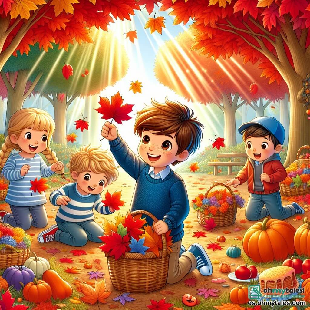 Ilustración que representa un parque en otoño, con árboles cuyas hojas brillan en colores rojo, naranja y amarillo, esparcidas por el suelo. En el centro de la imagen, un niño de 7 años, con el cabello castaño desordenado y una gran sonrisa, está agachado, sosteniendo una hoja de arce roja en sus manos. Lleva un suéter azul y pantalones beiges, y parece maravillado por la belleza de la naturaleza que lo rodea. A su lado, otros dos niños, una niña de 6 años con trenzas rubias y una camiseta a rayas, y un niño de 8 años con una gorra azul y un sudadera con capucha, ríen juntos mientras buscan hojas coloridas. La escena irradia una atmósfera alegre y festiva, con cestas llenas de frutas de otoño, pasteles y decoraciones en forma de calabaza. Los rayos de sol filtran a través de las ramas, añadiendo un toque mágico a este momento convivial.