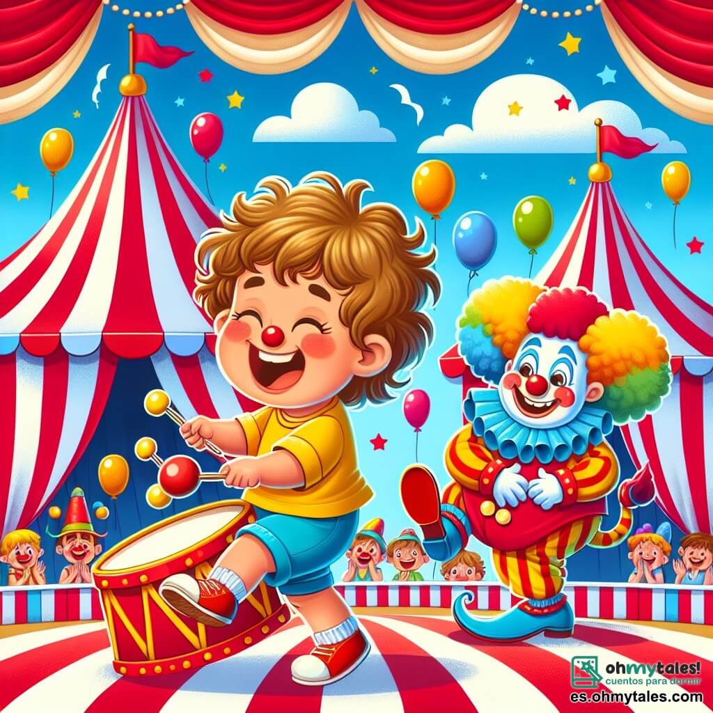 Une illustration sous forme de dessin destinée aux enfants représentant un cirque coloré et festif, avec des tentes rayées rouges et blanches sous un ciel bleu éclatant, où un garçon de 2 ans aux cheveux bouclés et aux yeux pétillants, vêtu d'un t-shirt jaune et d'un short bleu, bat joyeusement sur un tambour, tandis qu'un clown malicieux avec une grande nez rouge, des cheveux ébouriffés et des chaussures géantes danse autour de lui, créant une atmosphère de joie et de magie, avec des ballons colorés flottant dans les airs et des spectateurs émerveillés applaudissant.