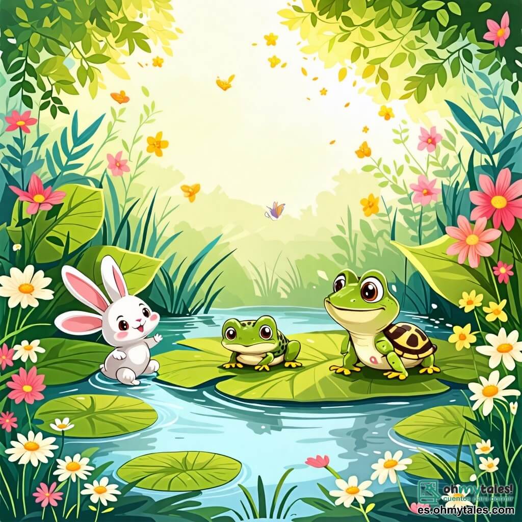 Une illustration sous forme de dessin destinée aux enfants représentant un paisible étang entouré de grandes feuilles vertes et de fleurs colorées, où une grenouille joyeuse aux yeux ronds et brillants, sautant avec enthousiasme de feuille en feuille, est accompagnée d'un petit lapin aux grandes oreilles blanches courant à ses côtés, tandis qu'une tortue au dos rayé sourit doucement, le tout capturant l'esprit de l'amitié et du jeu dans un cadre ensoleillé et enchanteur.