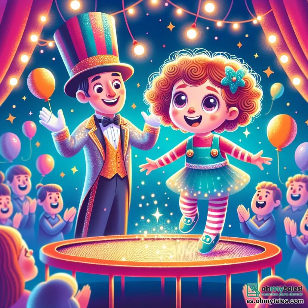 Une illustration sous forme de dessin destinée aux enfants représentant un cirque coloré et animé, avec des lumières scintillantes et des ballons flottants, où une petite fille de 3 ans aux cheveux bouclés et aux grands yeux curieux se tient sur un trampoline, souriant avec excitation alors qu'elle s'apprête à sauter dans les airs, entourée d'un trapéziste élégant portant un costume brillant et un grand chapeau de haut de forme, qui l'encourage avec un sourire complice, tandis qu'un public émerveillé applaudit et rit en arrière-plan, créant une atmosphère joyeuse et magique.