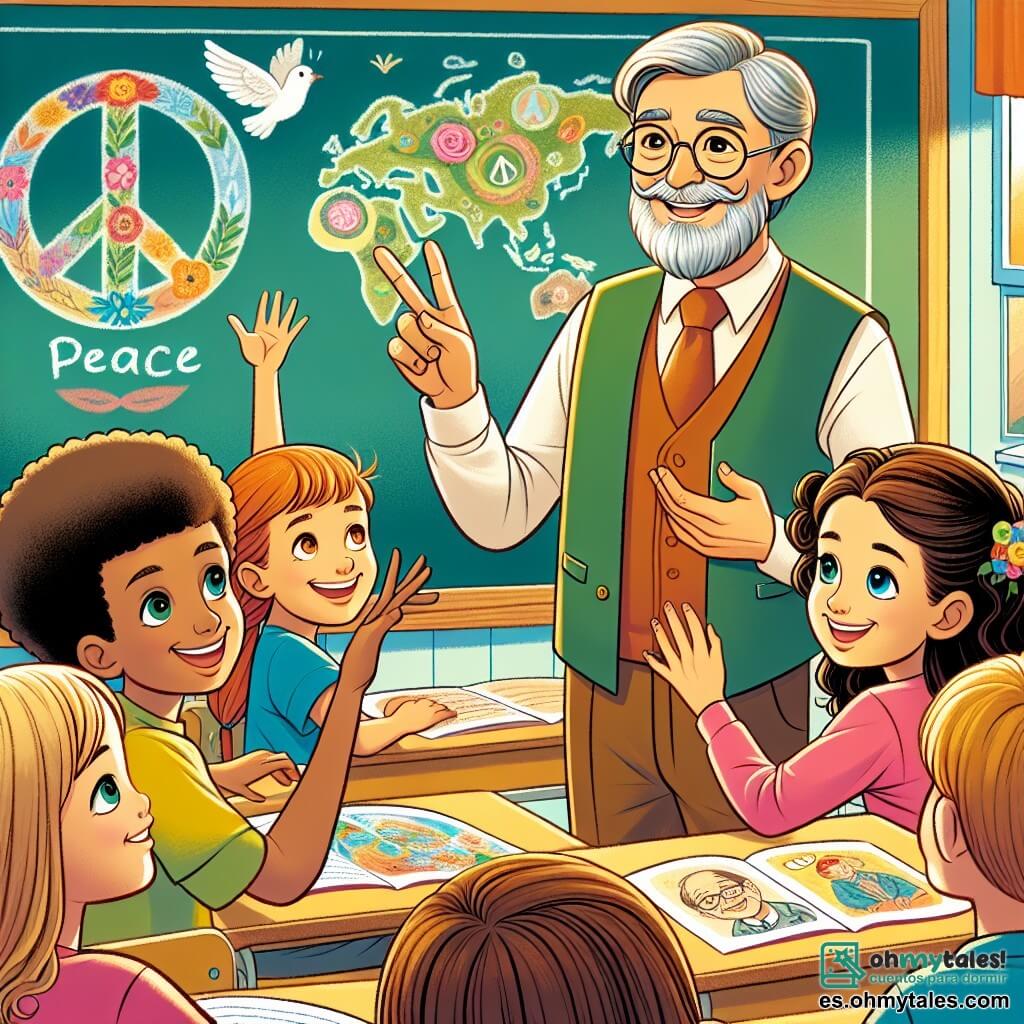 Une illustration sous forme de dessin destinée aux enfants représentant une salle de classe lumineuse et colorée, où un homme d'âge moyen, aux cheveux grisonnants et au sourire chaleureux, se tient debout devant un tableau, partageant des histoires de paix avec des enfants attentifs ; parmi eux, une fille aux yeux brillants et aux cheveux bouclés lève la main avec enthousiasme, tandis qu'un garçon aux lunettes et aux cheveux châtains écoute avec curiosité, tous deux assis à des bureaux décorés de dessins sur la paix, illustrant l'importance de l'empathie et de la solidarité dans un monde marqué par les conflits.