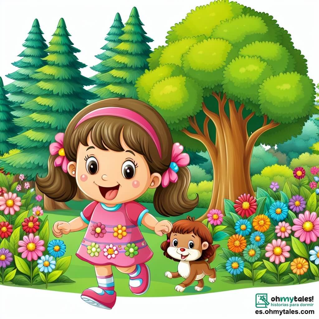Une illustration destinée aux enfants représentant une petite fille joyeuse et curieuse, accompagnée d'une nouvelle amie solitaire, explorant un magnifique parc rempli de fleurs colorées et d'arbres majestueux.