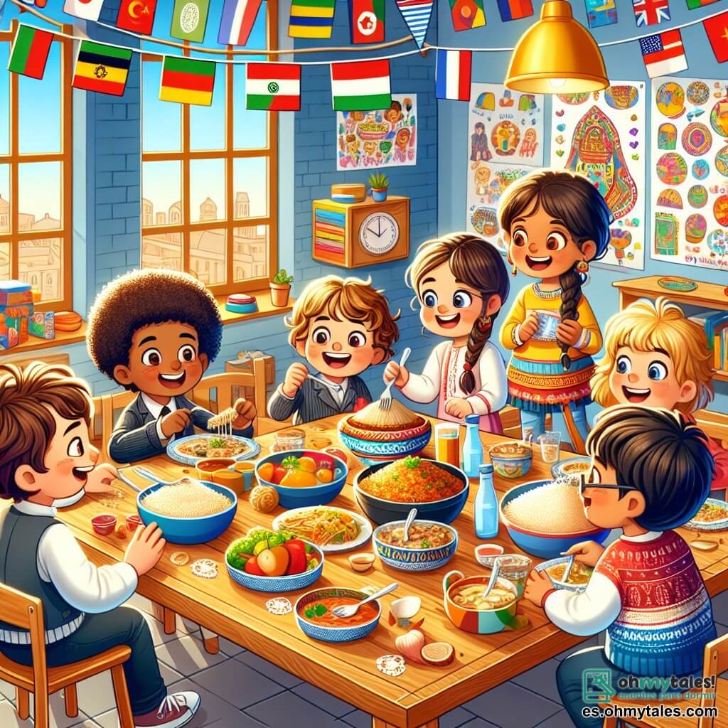 Ilustración que representa una escena colorida en un aula luminosa, con paredes decoradas con dibujos de niños y carteles educativos sobre la diversidad cultural. En el centro, un grupo de seis niños está reunido alrededor de una gran mesa de madera, cubierta con platos de diferentes cocinas del mundo. Entre ellos, un niño de 10 años, con cabello rizado y piel morena, sonríe alegremente sosteniendo un plato de cuscús. A su lado, una niña de 10 años, con trenzas rubias y piel clara, observa con curiosidad el plato. Otro niño, de 10 años, alto y delgado, con cabello castaño y piel clara, prueba el cuscús, luciendo sorprendido y encantado. La situación principal muestra a los niños compartiendo sus platos típicos, riendo y conversando, ilustrando un momento de tolerancia y amistad. Elementos gráficos adicionales incluyen banderas de diferentes países colgadas en las paredes, platos coloridos llenos de comida y sonrisas radiantes en los rostros de los niños, simbolizando la aceptación y celebración de sus diferencias.