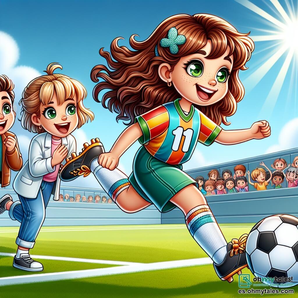 Une illustration sous forme de dessin destinée aux enfants représentant un terrain de football ensoleillé, où une fille de 11 ans aux cheveux châtains ondulés et aux yeux verts, vêtue d'un maillot coloré et de shorts, s'apprête à tirer un ballon vers le but avec détermination, tandis qu'à ses côtés, deux amies, une fille aux cheveux blonds et une autre aux cheveux bruns, l'encouragent avec des sourires et des gestes enthousiastes, capturant ainsi un moment clé de confiance en soi et d'amitié dans un tournoi scolaire.