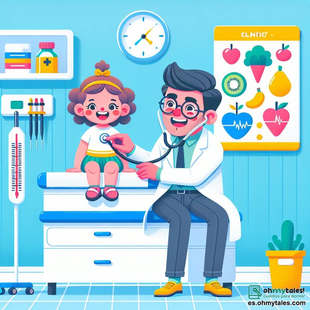 Une illustration sous forme de dessin destinée aux enfants représentant une clinique colorée avec des murs peints en bleu et jaune, où un homme médecin souriant, avec des lunettes et une blouse blanche, écoute le cœur d'une petite fille aux cheveux bruns et bouclés, assise sur une table d'examen, tandis qu'un thermomètre est posé à côté d'elle, et un poster de fruits et légumes est accroché au mur, illustrant l'importance de la santé et du bien-être.