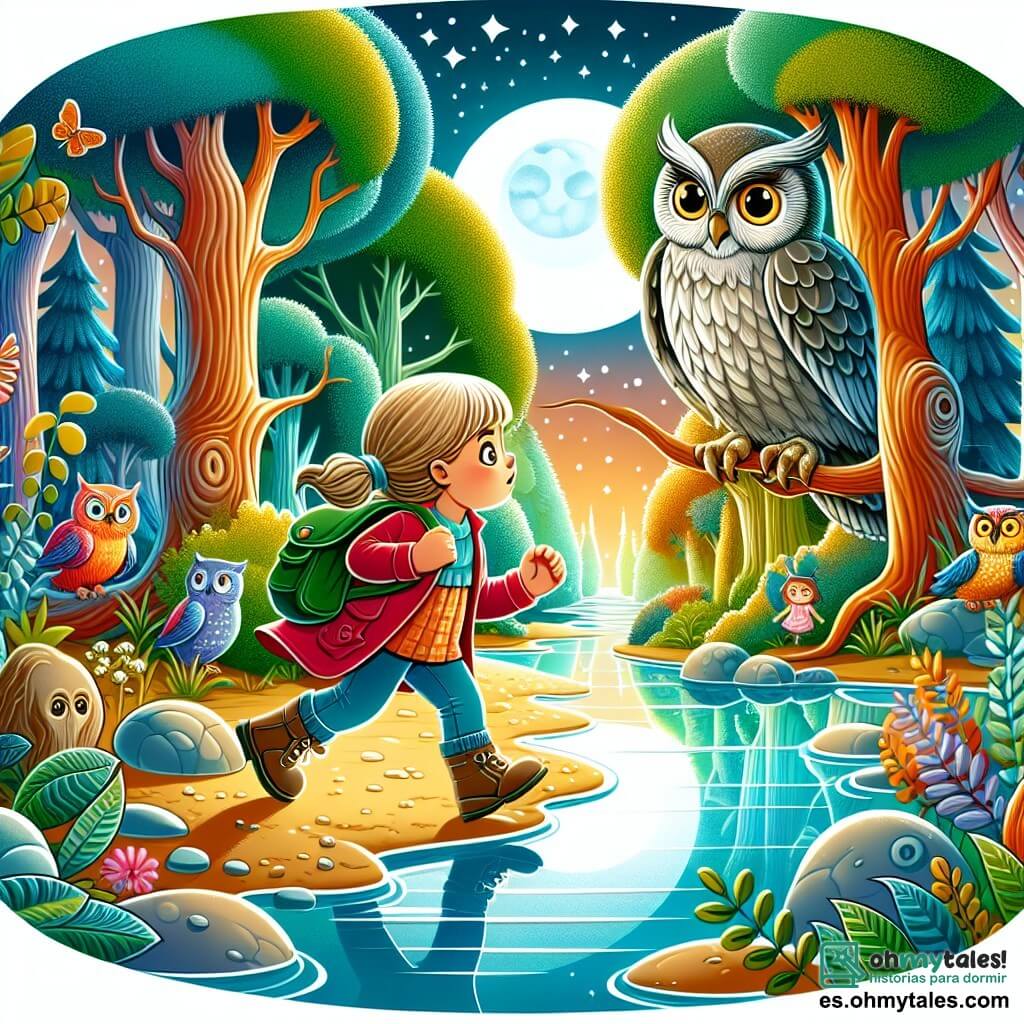 Une illustration destinée aux enfants représentant une petite fille curieuse et courageuse se lançant dans une aventure mystérieuse avec l'aide d'un búho sage, dans un bosque encantado rempli de couleurs vives, d'arbres parlants et d'un río de aguas cristalinas reflétant la luz de la luna.