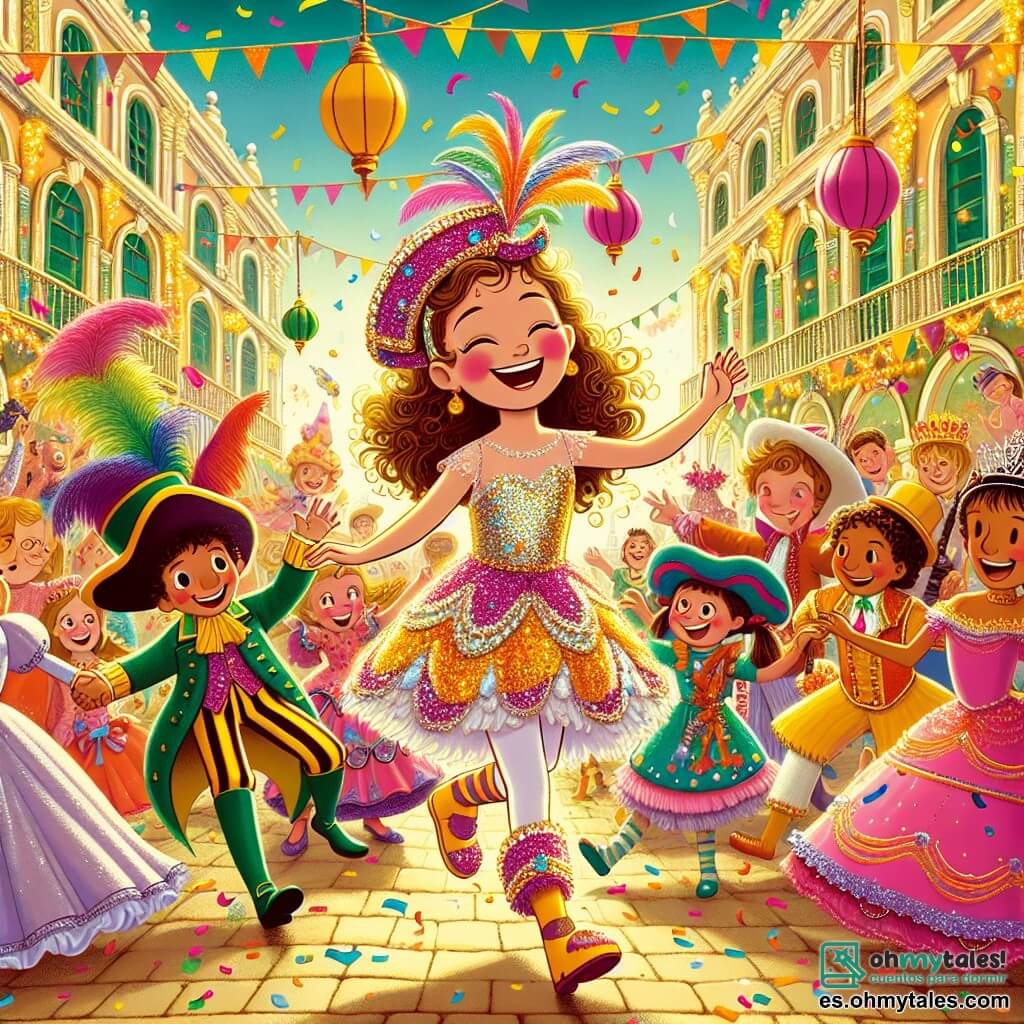 Une illustration sous forme de dessin destinée aux enfants représentant une place centrale animée du carnaval, remplie de couleurs vives et de décorations festives, où une fille de 10 ans aux cheveux bouclés et au sourire éclatant, vêtue d'un costume de mariposa aux ailes scintillantes, danse joyeusement au milieu de la foule, entourée de personnages secondaires tels qu'un géant en papier mâché souriant, un groupe de duendes aux chapeaux colorés qui rient et dansent, et des enfants déguisés en princesses et en clowns, tous célébrant ensemble la magie du carnaval avec des confettis flottant dans l'air et des lumières scintillantes.
