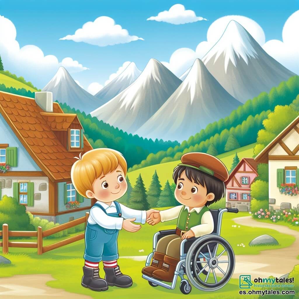 Une illustration destinée aux enfants représentant un jeune garçon plein de curiosité et d'aventure, faisant la rencontre d'un nouvel ami en fauteuil roulant, dans un paisible village entouré de majestueuses montagnes verdoyantes.