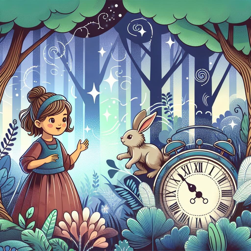 Une illustration destinée aux enfants représentant une jeune fille rêveuse se trouvant dans une forêt enchantée, accompagnée d'un adorable lapin parlant et entourée d'arbres majestueux, alors qu'elle découvre un mystérieux reloj antique qui l'emmènera dans un incroyable voyage à travers le temps.