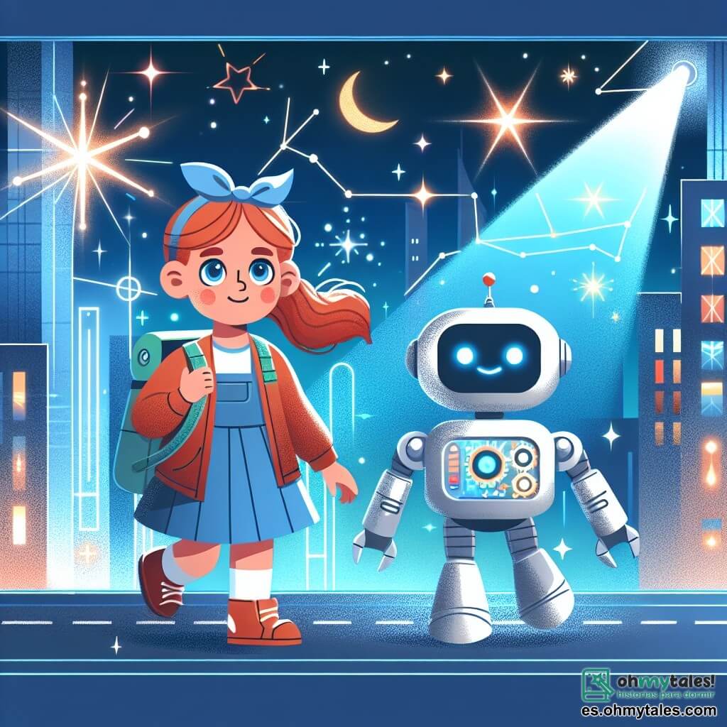 Une illustration destinée aux enfants représentant une fille courageuse, accompagnée d'un robot étoilé, explorant les rues brillantes et futuristes de la Ciudad de las Estrellas, où les hologrammes illuminent le ciel.