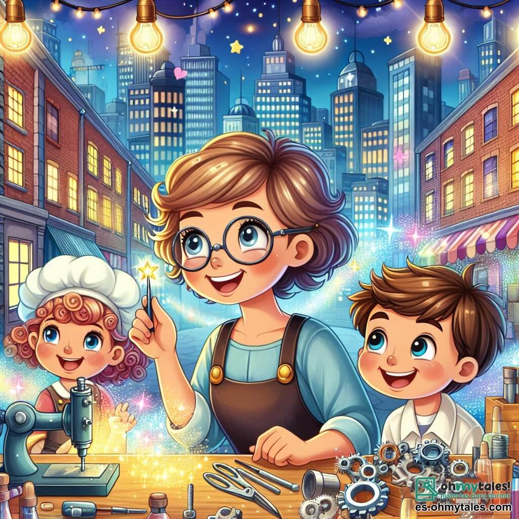 Une illustration destinée aux enfants représentant une inventrice aux cheveux courts et rêveurs, accompagnée d'un garçon aux yeux brillants et d'une fille aux boucles joyeuses, travaillant dans un atelier coloré et rempli d'outils scintillants, situé dans la ville animée de Villa Alegre.