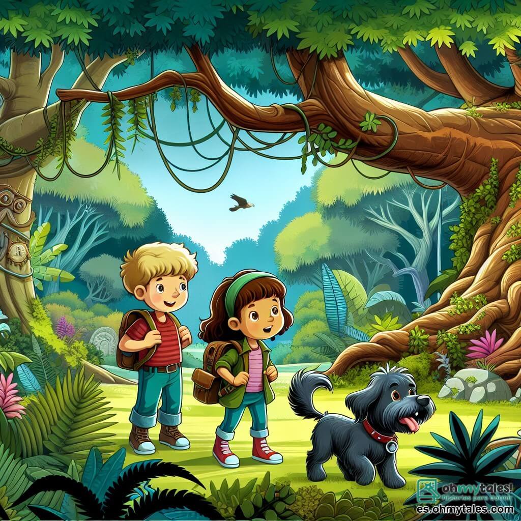 Une illustration destinée aux enfants représentant une fille intrépide, un garçon curieux et un chien espiègle, explorant un parc verdoyant rempli de vieux arbres majestueux et de mystères cachés.