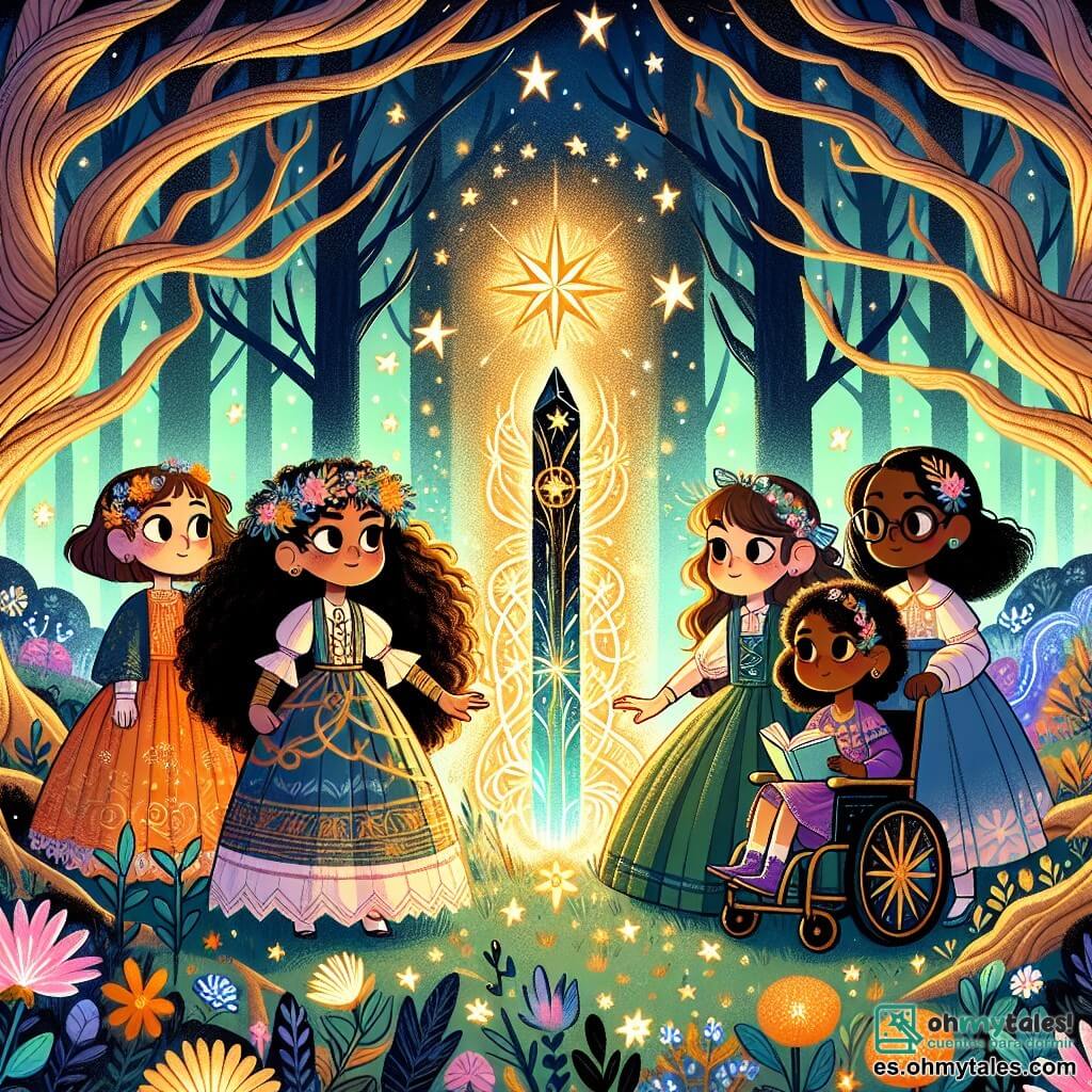 Ilustración que representa una escena mágica en el corazón del Bosque Hechizado. El paisaje está lleno de árboles con troncos torcidos, cuyas hojas brillan como estrellas, mientras flores coloridas crecen sobre un suelo cubierto de suave musgo. Una luz dorada filtra a través de las ramas, creando una atmósfera de cuento de hadas. En el centro de la imagen, cuatro niñas de unos 10 años están juntas. La primera, con cabello rizado y castaño, lleva un vestido colorido y una sonrisa decidida, sosteniendo una brújula brillante. A su lado, otra niña, con cabello rubio y una corona de flores, ríe alegremente, con ojos llenos de curiosidad. La tercera, con gafas y cabello lacio, sostiene un libro abierto, con ceño fruncido por la concentración. Finalmente, la cuarta, en una silla de ruedas decorada con estrellas, ilumina el camino con una linterna mágica, su rostro resplandeciendo de coraje. La situación principal muestra a las niñas enfrentándose a un cristal negro que pulsa con oscuridad, emitiendo un brillo inquietante. Unen sus fuerzas, con las manos extendidas hacia el cristal, listas para liberar la luz de su amistad. A su alrededor, criaturas mágicas, como mariposas de cristal y ciervos plateados, las observan con admiración, añadiendo un toque de misterio y belleza a la escena.