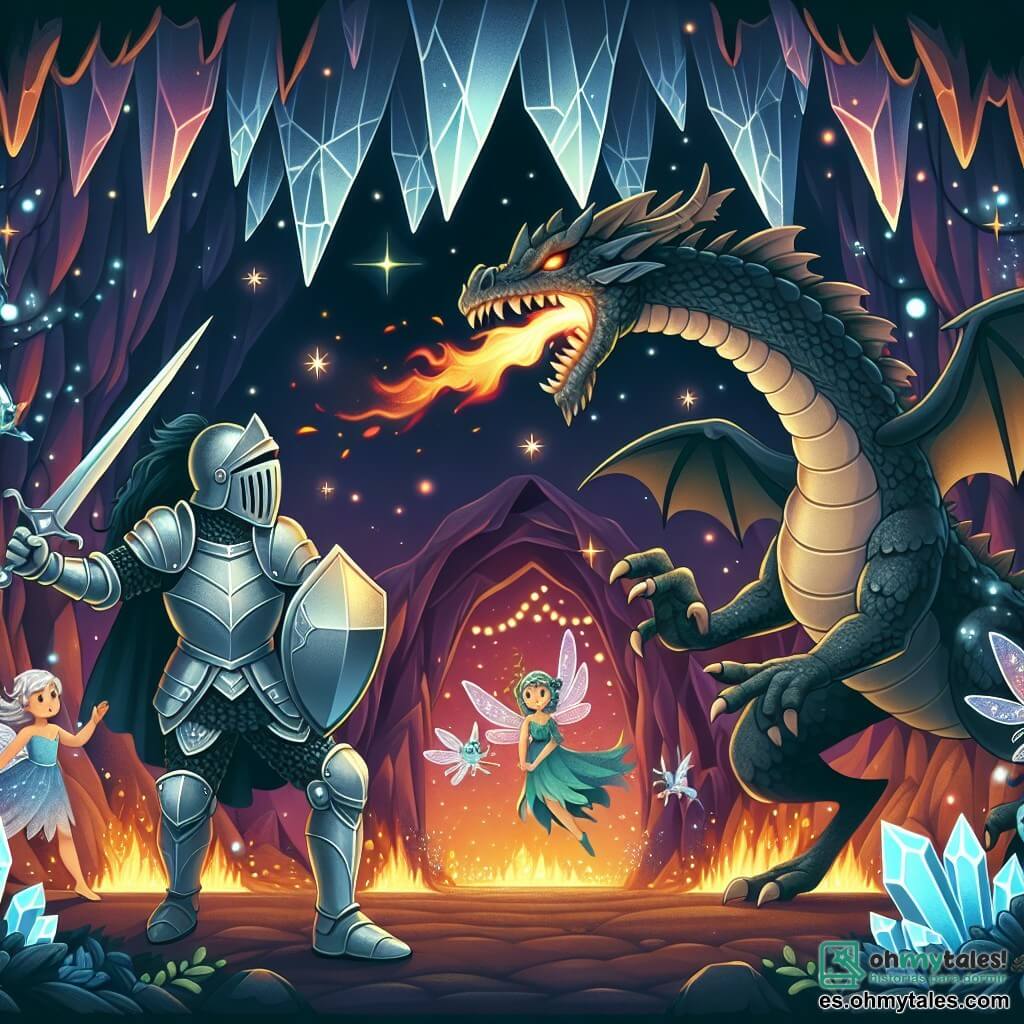 Une illustration destinée aux enfants représentant un vaillant chevalier, vêtu d'une armure brillante, affrontant un dragon féroce aux yeux de feu, dans une sombre et mystérieuse grotte de cristal enchantée, où des fées et des duendes dansent parmi les lumières scintillantes.