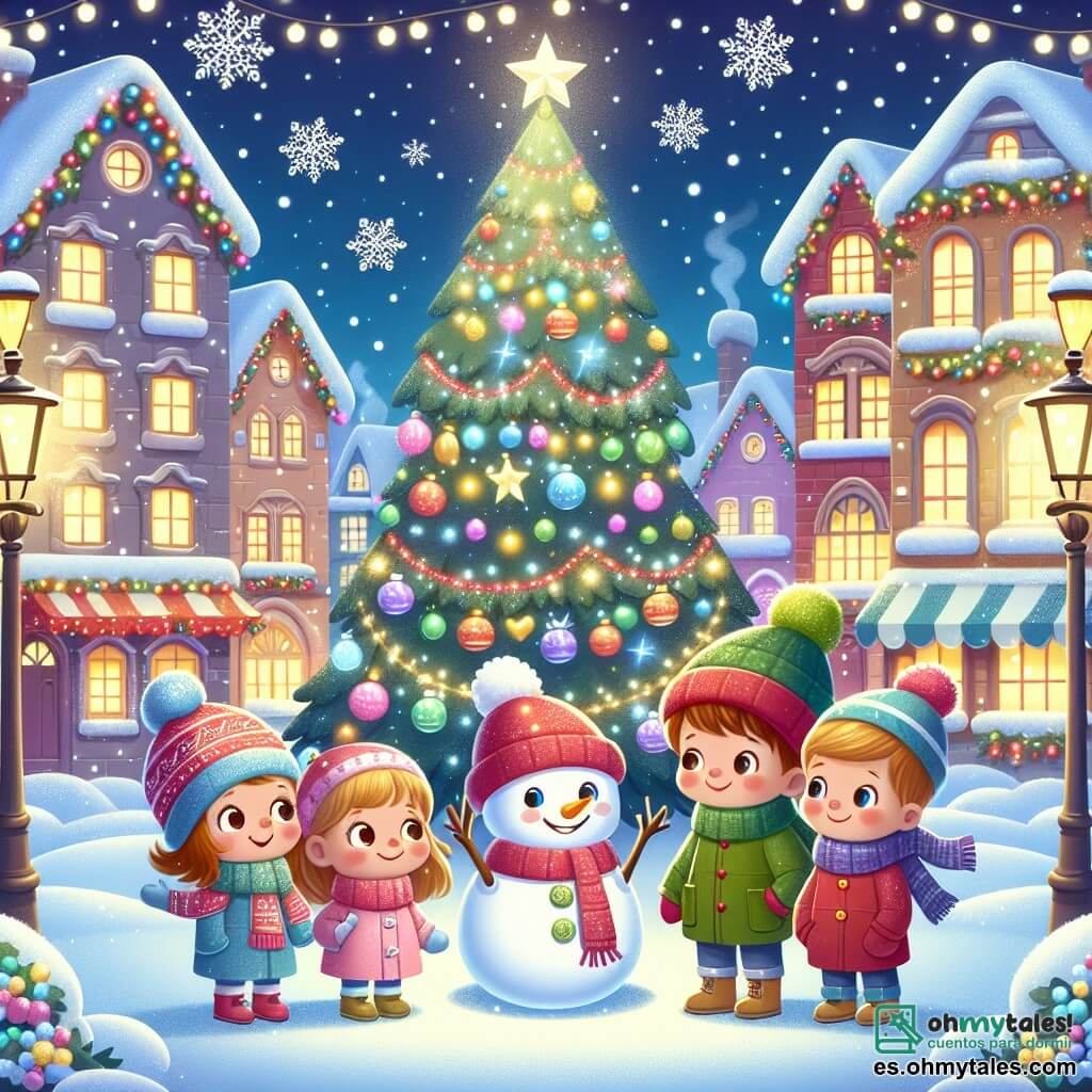 Ilustración que representa una escena mágica de Navidad en una ciudad iluminada. La plaza principal está adornada con un gran árbol de Navidad, cubierto de guirnaldas brillantes y bolas de colores, rodeado de copos de nieve que caen suavemente. Al fondo, casas acogedoras con ventanas iluminadas añaden a la atmósfera festiva. En el centro de la escena, un niño de 4 años con cabello castaño y ojos brillantes, que lleva un gorro rojo y una bufanda verde, mira asombrado a un pequeño muñeco de nieve. Este último, de apariencia alegre, está hecho de nieve brillante, con una sonrisa cálida y brazos de ramas. El muñeco de nieve parece hablarle al niño, invitándolo a vivir una aventura. Alrededor de ellos, hay otros dos niños: una niña de 4 años con cabello rubio y trenzas, vestida con un abrigo rosa, y un niño de 5 años con cabello castaño, que lleva un suéter azul. Los tres están cautivados por el muñeco de nieve, con sus rostros iluminados por la magia del momento. Copos de nieve bailan en el aire y estrellas brillan en el cielo nocturno, añadiendo un toque de magia a esta escena navideña encantada.
