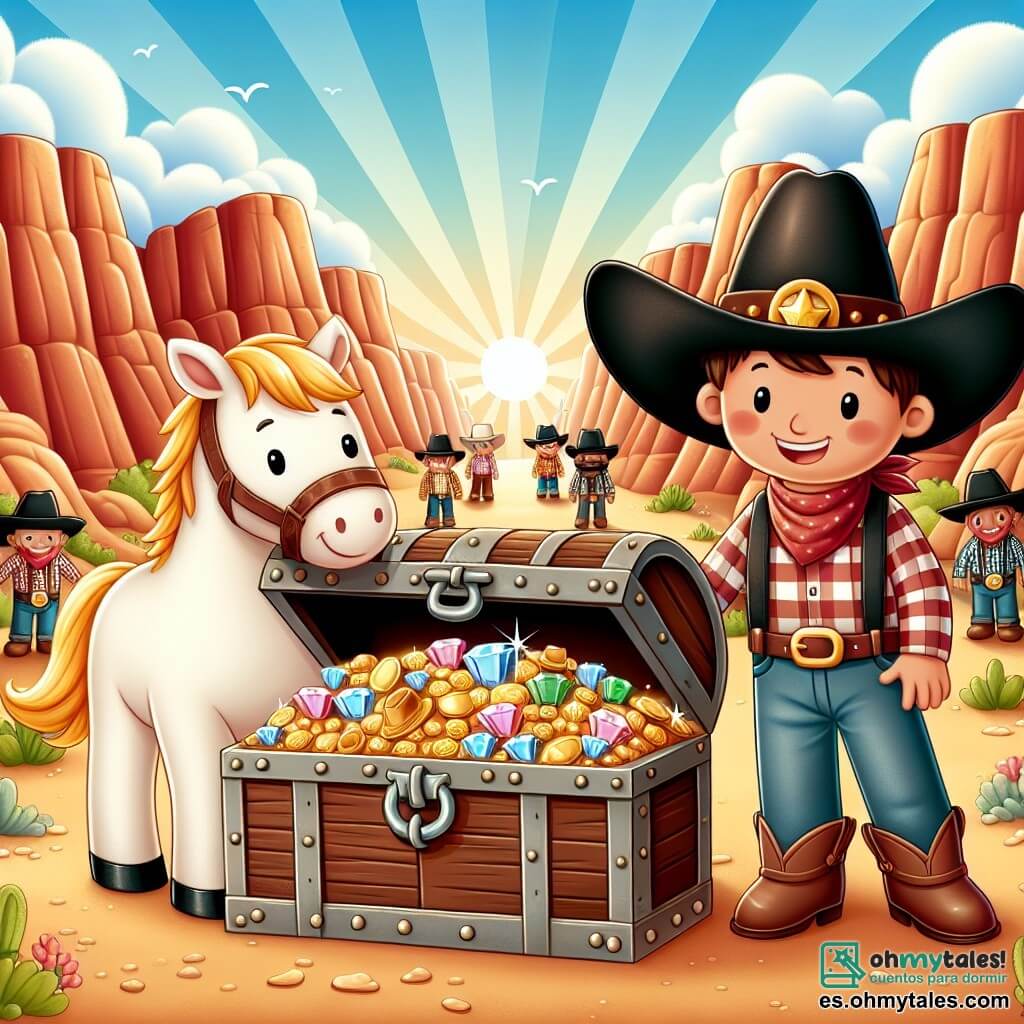 Une illustration sous forme de dessin destinée aux enfants représentant un vaste cañon ensoleillé avec des parois rocheuses aux couleurs chaudes, où un vaquero homme au grand sombrero et aux bottes en cuir, souriant et courageux, se tient devant un coffre ancien rempli de trésors scintillants, tandis qu'une petite yegua blanche, joyeuse et curieuse, se tient à ses côtés, et plusieurs autres vaqueros, hommes aux visages amicaux et vêtus de chemises à carreaux, se rassemblent autour d'eux, tous célébrant leur nouvelle amitié et le partage du trésor sous un ciel bleu parsemé de nuages.