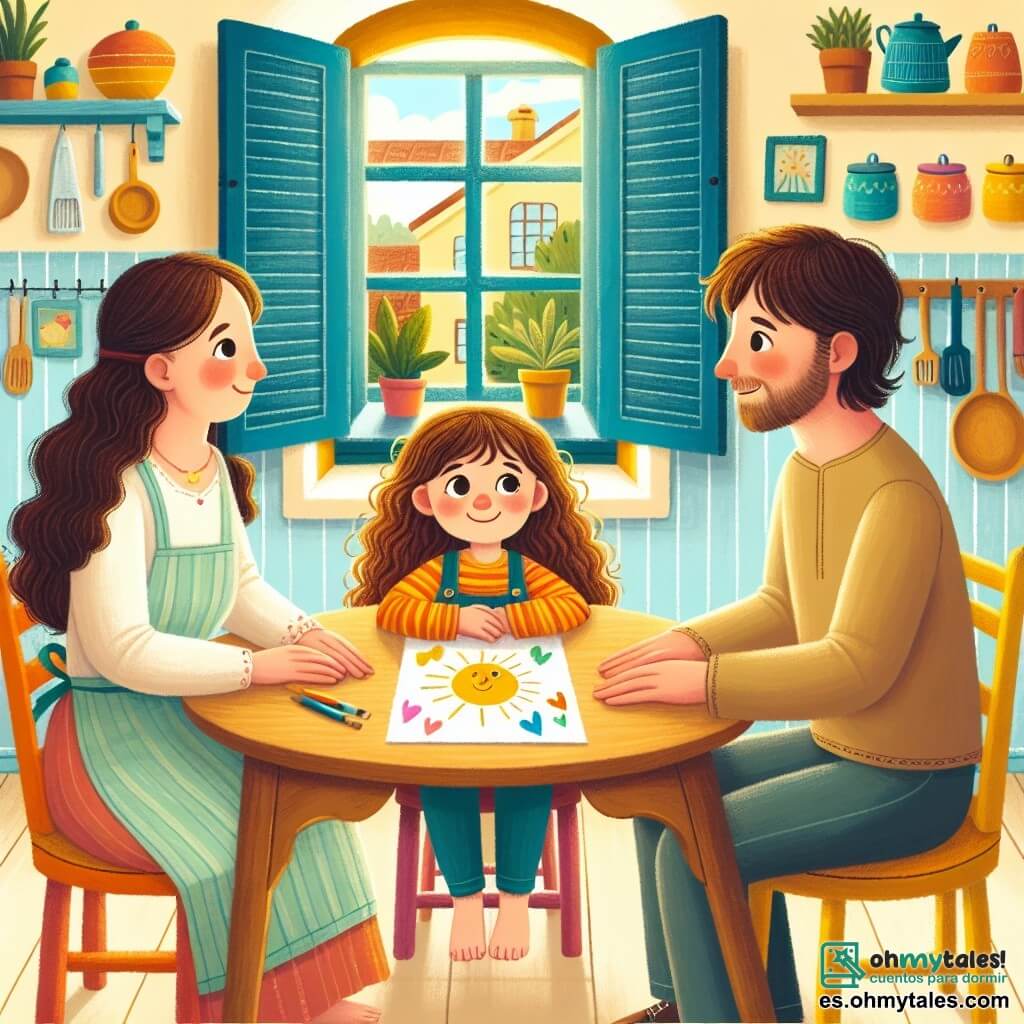 Ilustración que representa una cálida cocina familiar, con paredes pintadas de amarillo suave y ventanas con contraventanas azules que dejan entrar la luz del sol. En el centro, una acogedora mesa de madera está rodeada de sillas coloridas, donde una niña de 10 años, con cabello castaño y rizado, mira a sus padres con una expresión de esperanza. Su madre, una mujer de unos treinta años, tiene el cabello largo y liso, y lleva un delantal, mientras que su padre, un hombre de unos treinta años, tiene una barba ligera y una sonrisa suave. Todos están sentados juntos, con las manos sobre la mesa, listos para conversar. La niña sostiene un dibujo colorido que representa un sol y corazones, símbolo de su deseo de compartir sus sentimientos. En el fondo, utensilios de cocina y plantas en macetas añaden un toque de vida a la escena, mientras que una atmósfera de calidez y comprensión emana de esta reunión familiar.