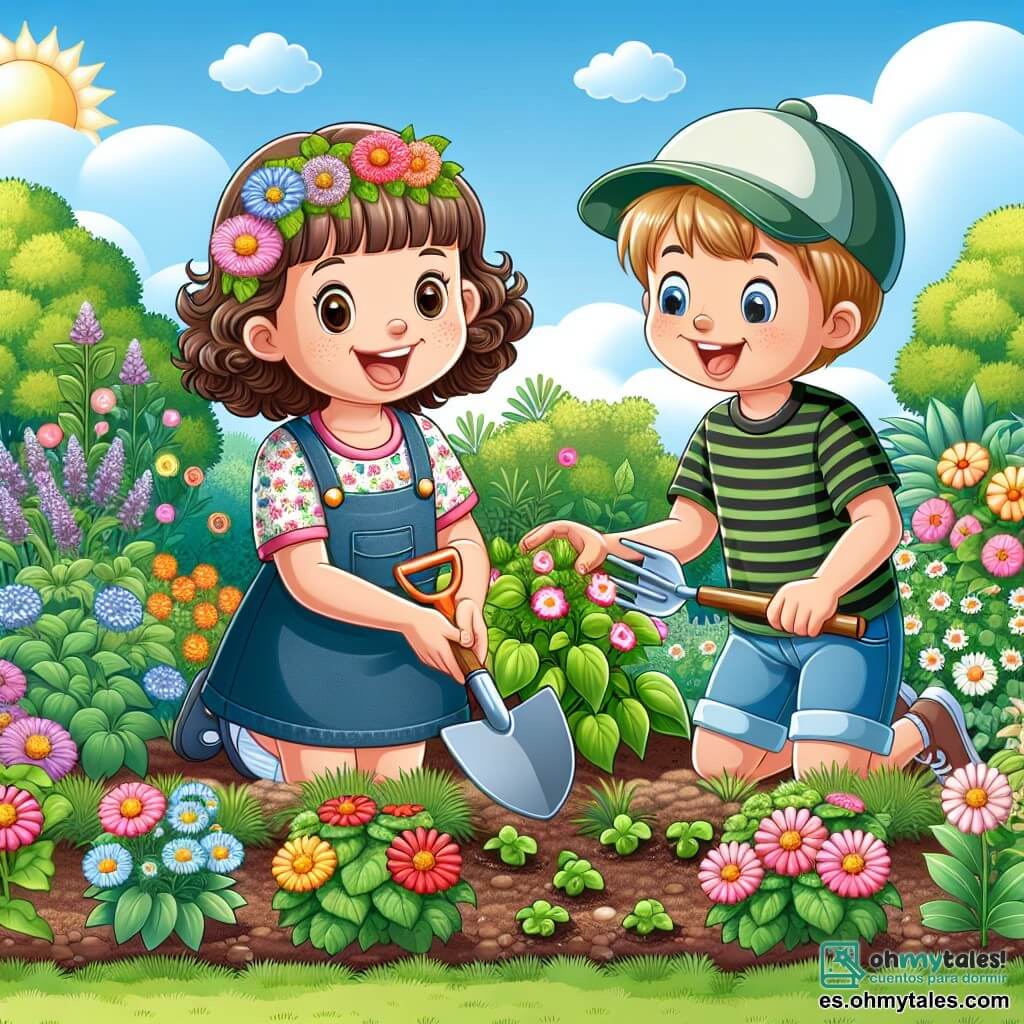 Une illustration sous forme de dessin destinée aux enfants représentant un jardin luxuriant, rempli de fleurs colorées et de plantes vertes, où une fille de 12 ans aux cheveux bruns et bouclés, portant un t-shirt à motifs floraux et un short en denim, s'active joyeusement à planter des graines, tandis qu'un garçon de son âge, avec une casquette et un sourire espiègle, l'aide en tenant une petite pelle, le tout sous un ciel bleu ensoleillé, illustrant leur engagement à protéger la nature et à créer un refuge pour les animaux.