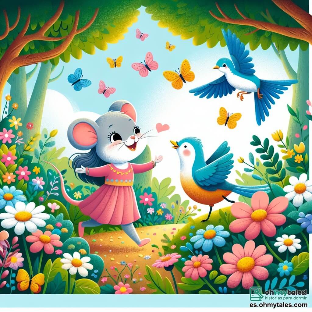 Une illustration destinée aux enfants représentant une petite souris fille, accompagnée d'un joyeux oiseau garçon, explorant un magnifique bosque enchanté rempli de fleurs colorées et de papillons virevoltants.