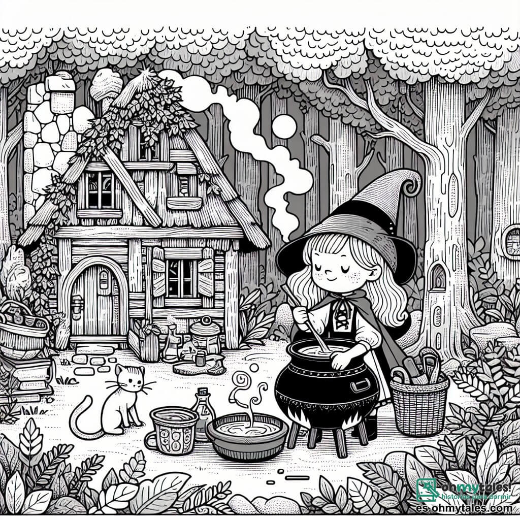 Une illustration destinée aux enfants représentant une jeune sorcière maladroite préparant une poción magique dans sa cahute enchantée au milieu d'un bois dense, accompagnée d'un chat espiègle.