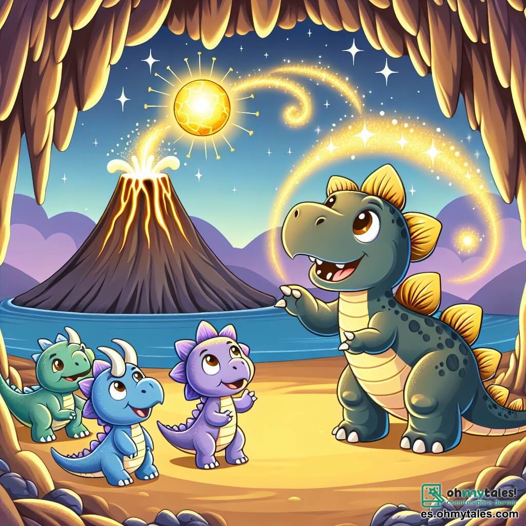 Une illustration sous forme de dessin destinée aux enfants représentant une caverne magique illuminée par une sphère dorée au centre, où un jeune stégosaure aux épines brillantes et au sourire joyeux utilise son pouvoir pour créer un chemin de sécurité, entouré de ses amis : une triceratops à trois cornes qui regarde avec admiration et un velociraptor curieux qui s'apprête à chanter, tandis qu'à l'extérieur, un volcan fume doucement, rappelant le danger qu'ils viennent de surmonter ensemble.