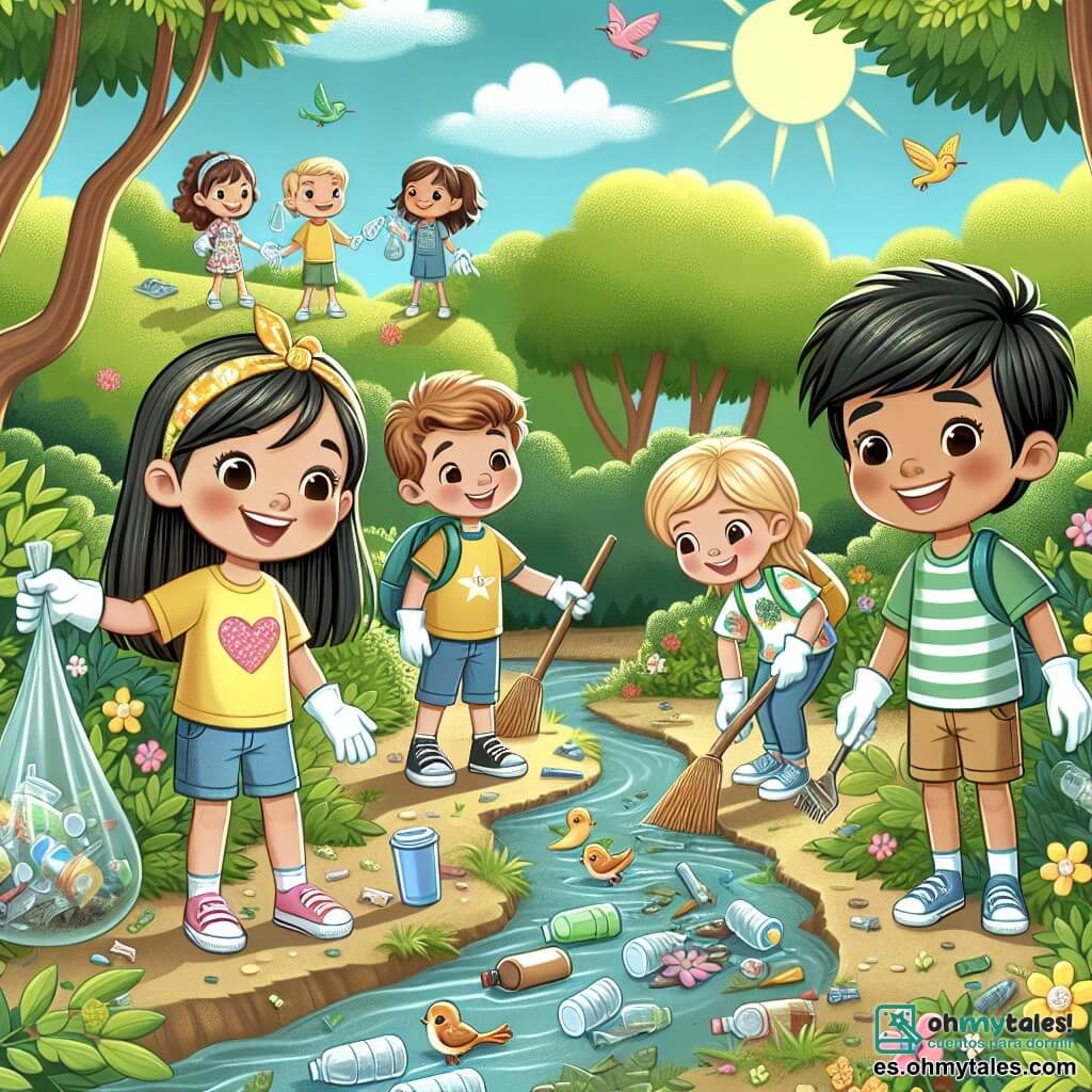 Ilustración que representa un pequeño arroyo rodeado de árboles verdes y flores coloridas, con rayos de sol filtrándose a través de las hojas. En primer plano, cuatro niños: una niña de cabello castaño, de unos 10 años, con una camiseta amarilla y pantalones cortos, sonriendo mientras sostiene un vaso de plástico que acaba de recoger; otra niña, de cabello rubio, también de 10 años, vestida con un vestido de flores, mostrando una botella de plástico con desdén; un niño de cabello castaño, de aproximadamente 9 años, con una camiseta azul y pantalones cortos, que se agacha para recoger un viejo juguete de plástico; y finalmente, una niña de cabello negro, de 10 años, con una camiseta verde, que explica con entusiasmo la importancia de mantener limpio el medio ambiente. Al fondo, vecinos y amigos se unen a ellos, todos usando guantes y sosteniendo bolsas de basura, mientras aves vuelan alegremente en el cielo azul. La atmósfera es dinámica y llena de energía, ilustrando el espíritu de camaradería y el compromiso con la protección de la naturaleza.