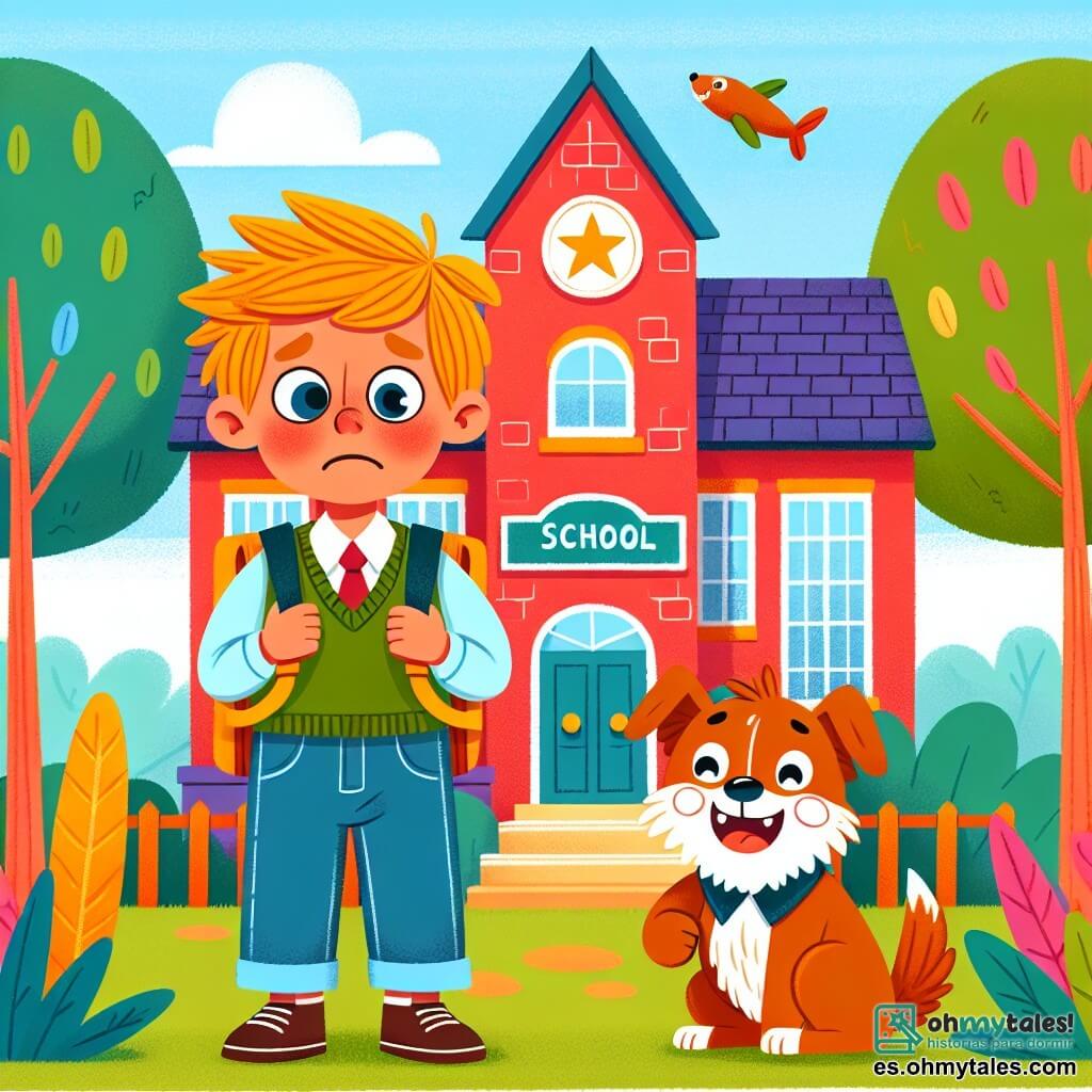 Une illustration destinée aux enfants représentant un garçon nerveux mais enthousiaste le jour de la rentrée des classes, accompagné de son meilleur ami, un petit chien joyeux à la queue touffue, se tenant devant une école en brique rouge avec des fenêtres en forme d'étoiles et des portes colorées, entourée de grands arbres aux feuilles multicolores.