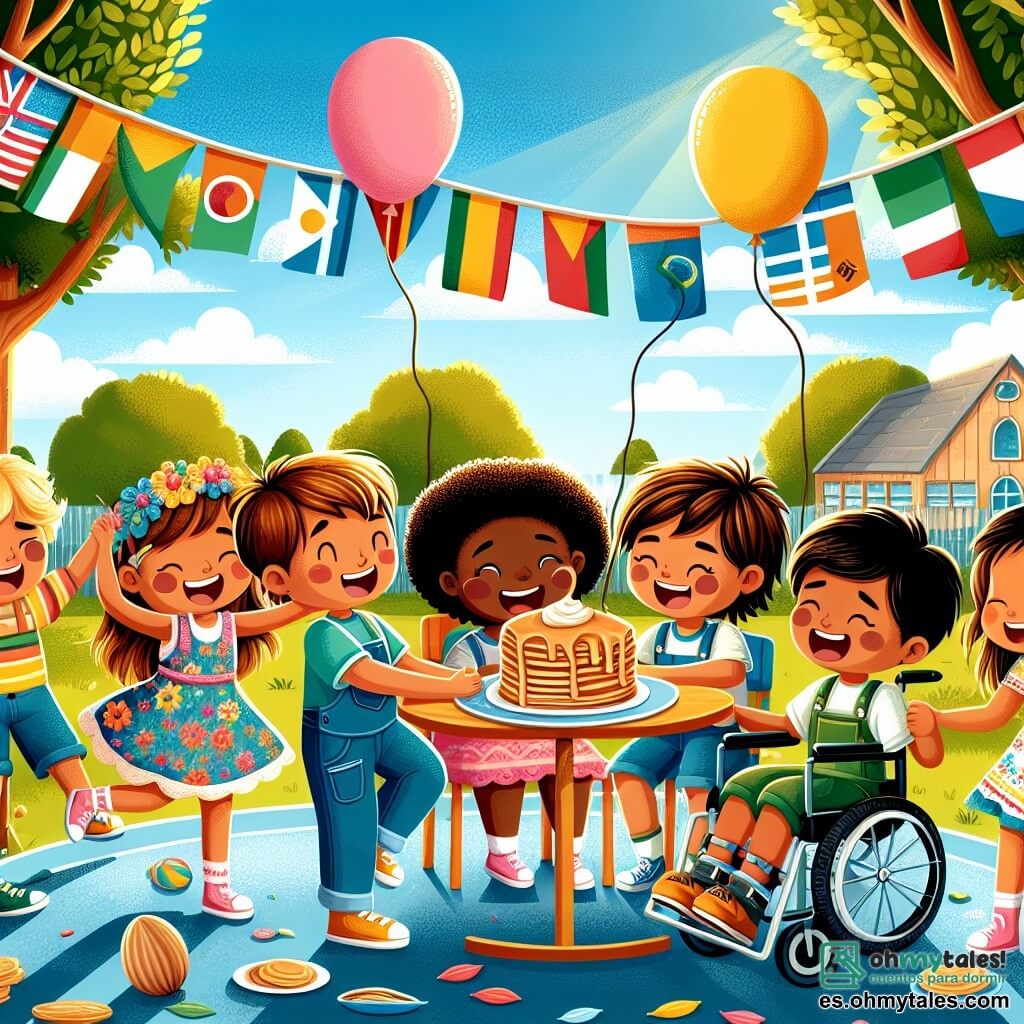 Ilustración que representa una escena vibrante en un patio escolar soleado, rodeado de grandes árboles con hojas verdes y un cielo azul claro. En el centro, un grupo de niños está reunido alrededor de una mesa decorada con banderas coloridas que representan diferentes culturas. Un niño de diez años, con cabello castaño y piel clara, sonríe alegremente, sosteniendo un plato de tortitas que comparte con sus amigos. A su lado, una niña de diez años, con cabello negro y rizado, vestida con un vestido colorido, baila riendo, aportando alegría a la escena. Otro niño, también de diez años, con cabello castaño y piel morena, está sentado en una silla de ruedas, tocando la guitarra y cantando, con una gran sonrisa en su rostro. La situación principal muestra una atmósfera de camaradería y celebración de la diversidad, donde los niños intercambian platos e historias de sus culturas respectivas. En el fondo, otros niños escuchan atentamente, creando un sentimiento de unidad y respeto. Globos coloridos flotan en el aire, añadiendo un toque festivo a esta escena alegre e inclusiva.
