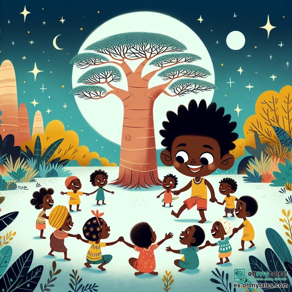 Une illustration sous forme de dessin destinée aux enfants représentant un clair de lune dans un magnifique bois africain, avec un grand arbre baobab au centre, où un jeune garçon aux cheveux crépus et au sourire chaleureux joue avec sa petite sœur, une fillette aux yeux pétillants, tandis qu'un groupe d'enfants du village les entoure, tous riant et s'amusant ensemble, illustrant l'esprit de camaraderie et d'unité dans la joie et l'amour.