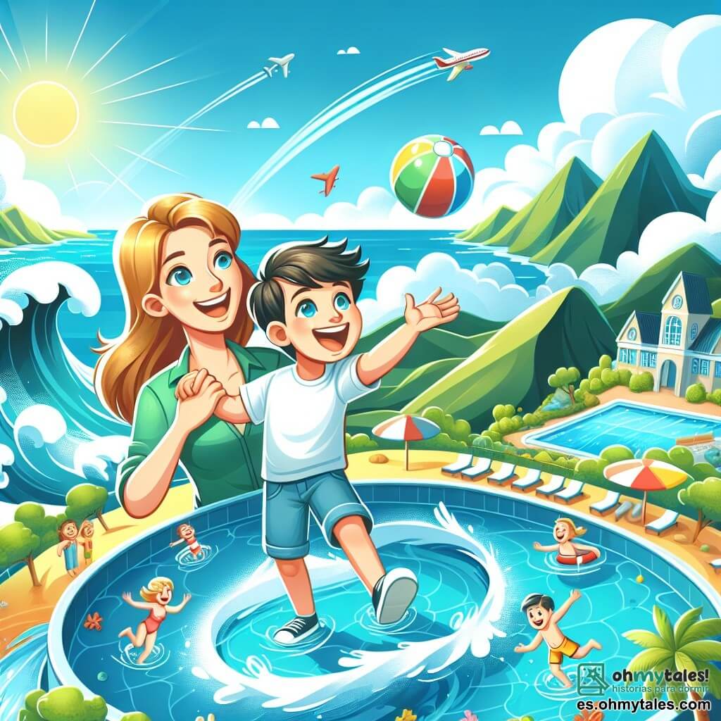 Une illustration destinée aux enfants représentant un jeune garçon plein d'enthousiasme, découvrant un monde de merveilles lors de ses vacances d'été, accompagné de sa maman, dans un paysage éclatant de soleil, avec une piscine géante, des vagues de l'océan et des montagnes verdoyantes en arrière-plan.