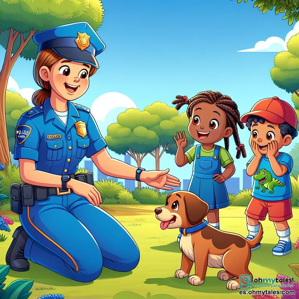 Une illustration sous forme de dessin destinée aux enfants représentant un parc ensoleillé de Villaflor, avec des arbres verdoyants et des fleurs colorées, où une femme policière souriante, grande et en uniforme bleu, s'accroupit pour caresser un petit chien marron perdu, tandis que trois enfants, une fille aux trenzas, un garçon en gorra rouge et un petit garçon en t-shirt de dinosaure, l'observent avec des yeux émerveillés, tous partageant un moment de joie et d'entraide pour retrouver le propriétaire du chien.