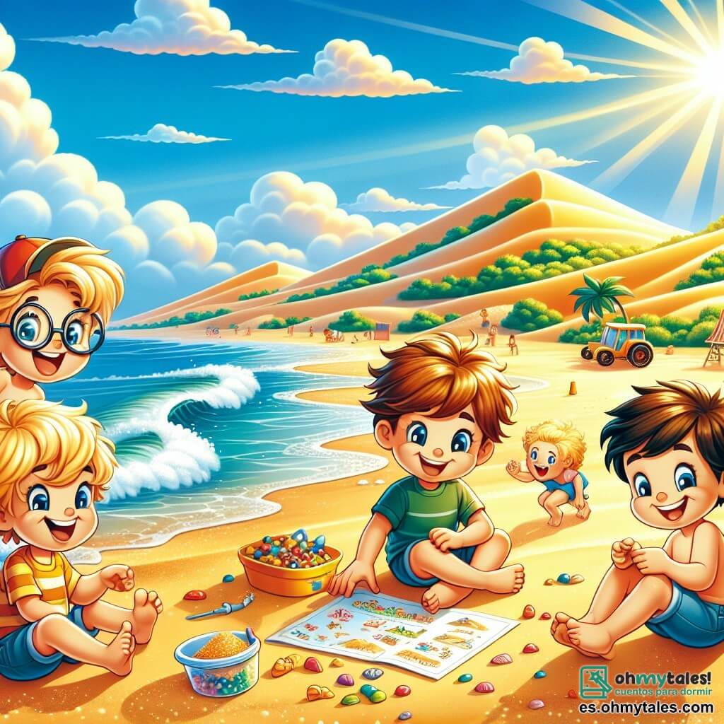 Ilustración que representa una playa soleada, con arena dorada brillando bajo el sol y suaves olas que llegan a la orilla. Al fondo, dunas verdes y palmeras bailan al viento, mientras un cielo azul brillante está salpicado de algunas nubes blancas esponjosas. En primer plano, cuatro niños están reunidos. Un niño de ocho años, con cabello castaño alborotado y ojos brillantes, sonríe alegremente sosteniendo una gran lista de juegos. A su lado, otro niño de ocho años, ágil y rápido, con cabello rubio y una gorra roja, está saltando en la arena, listo para participar en una carrera. Otro niño, también de ocho años, lleva gafas redondas y tiene cabello rizado; está inclinado sobre un plano de juego, concentrado en organizar las actividades. Por último, un niño de ocho años, sentado en una silla de ruedas, sonríe ampliamente y sostiene una caja llena de caramelos, listo para compartir con sus amigos. La escena muestra a los niños preparándose para una gran fiesta en la playa, rodeados de decoraciones coloridas, guirnaldas de conchas y una gran mesa llena de bocadillos. La atmósfera es alegre y llena de energía, simbolizando la amistad y el espíritu de equipo que los une. Globos de colores flotan en el aire y las risas resuenan a su alrededor, capturando la esencia de un día de verano inolvidable.