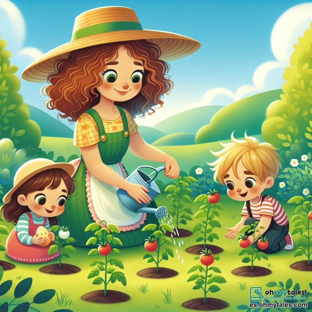 Une illustration sous forme de dessin destinée aux enfants représentant un champ verdoyant sous un ciel bleu éclatant, avec une femme aux cheveux châtains et bouclés, portant un chapeau de paille et un tablier coloré, qui arrose avec soin de jeunes plants de tomates, tandis que deux enfants, un garçon aux cheveux blonds et une fille aux cheveux bruns, s'agenouillent à côté d'elle, émerveillés par les plantes et tenant un œuf frais, le tout baigné dans une lumière douce et chaleureuse qui évoque la joie de la vie à la ferme.