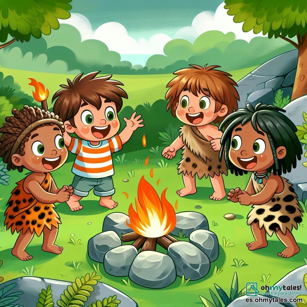 Une illustration sous forme de dessin destinée aux enfants représentant une clairière verdoyante de la préhistoire, avec un garçon de 5 ans aux cheveux bruns en désordre, portant un t-shirt à rayures et un short, qui sourit en allumant un feu avec des pierres, entouré de trois enfants préhistoriques, deux garçons aux peaux bronzées et vêtus de peaux d'animaux, et une fille aux cheveux longs tressés, tous joyeux et applaudissant autour du feu, symbolisant l'amitié et la découverte dans un voyage dans le temps.