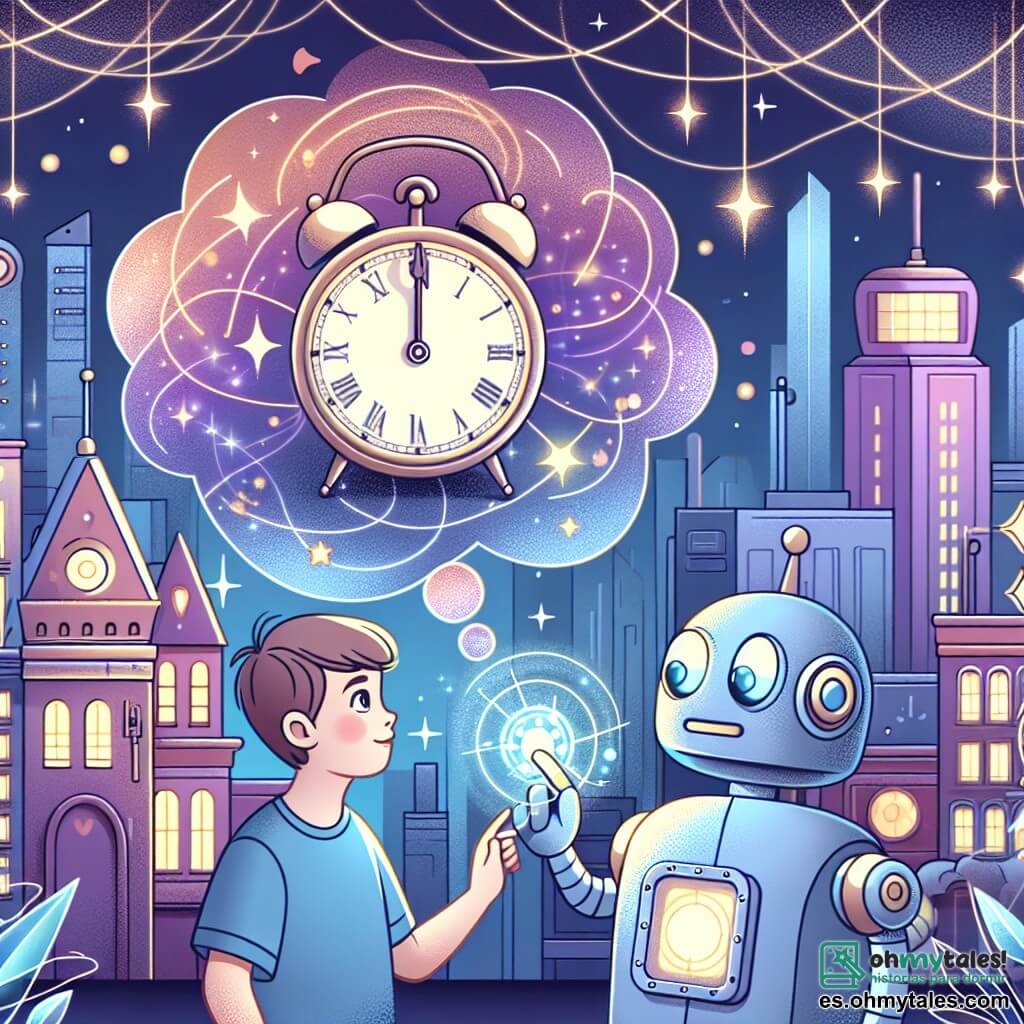 Une illustration destinée aux enfants représentant un jeune garçon rêveur découvrant un mystérieux reloj magique, accompagné d'un robot amical, dans une ville futuriste aux buildings brillants et aux lumières de néon scintillantes.