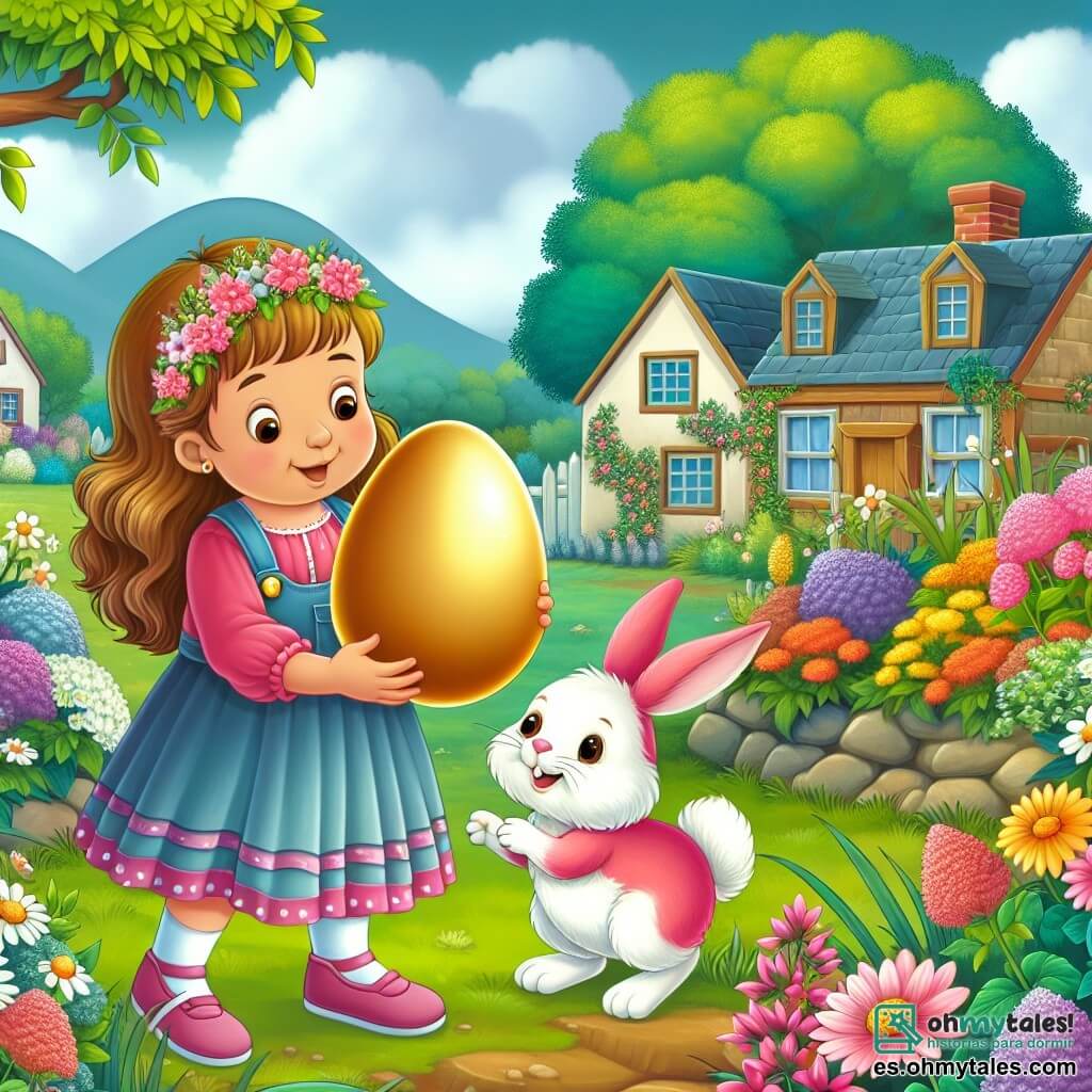 Une illustration destinée aux enfants représentant une fillette curieuse découvrant un mystérieux œuf doré, accompagnée d'un joyeux lapin rose, dans un paisible village entouré de fleurs colorées et arbustes verdoyants.