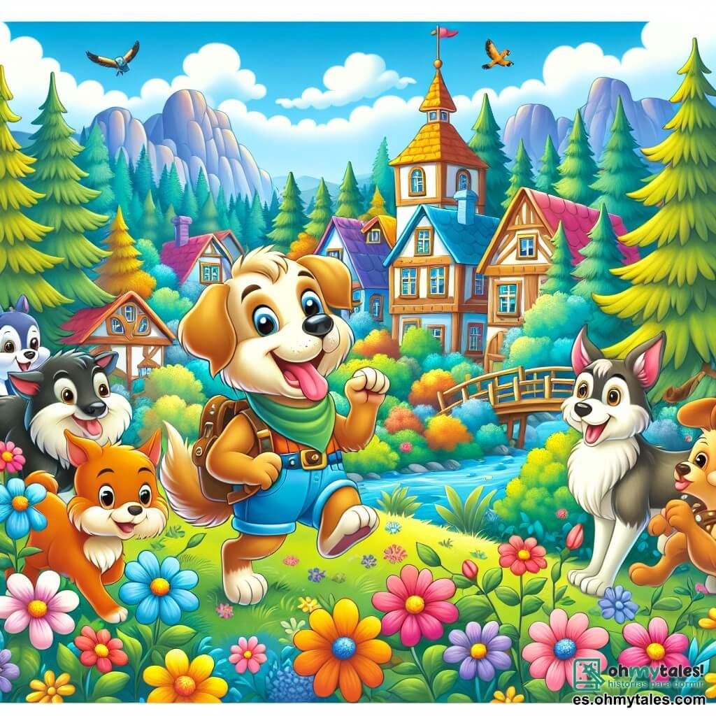 Une illustration destinée aux enfants représentant un joyeux chien aventurier, entouré de ses amis animaux, explorant un magnifique village coloré situé au cœur d'une forêt enchantée remplie de fleurs et d'arbres majestueux.